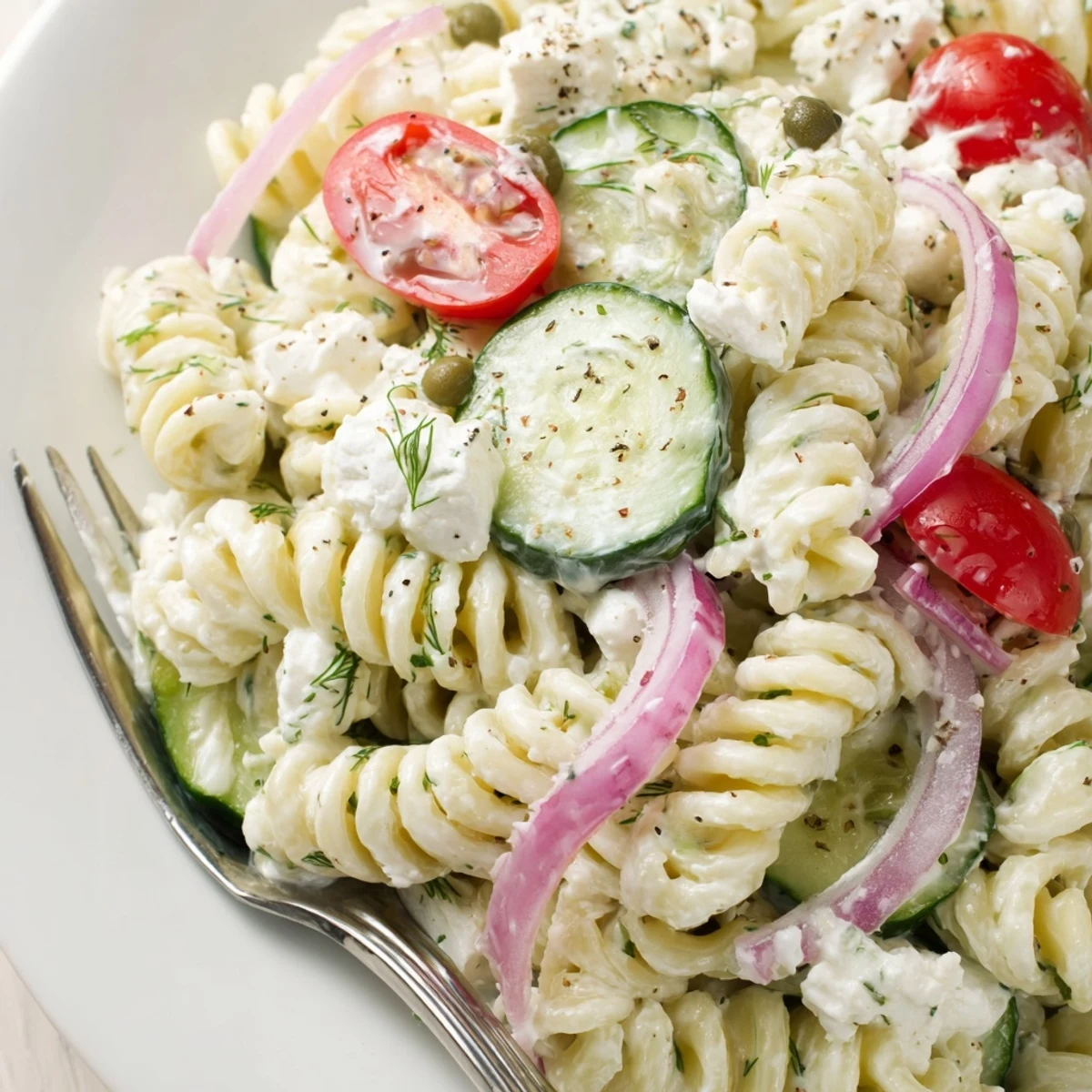 Cold Cucumber Pasta Salad tossed with cherry tomatoes, red onion, feta.