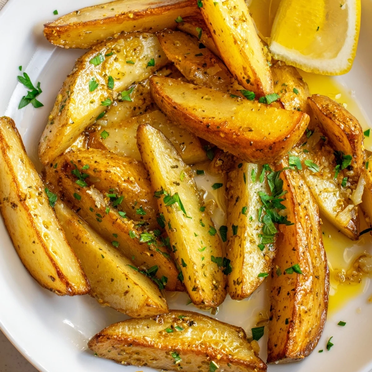 Authentic Greek Lemon Potatoes Recipe: golden wedges crisped, lemony garlic aroma