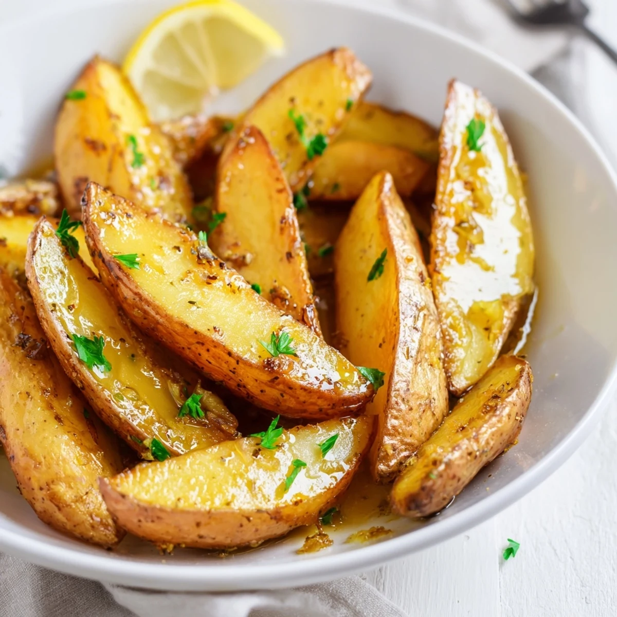 Authentic Greek Lemon Potatoes Recipe, fork-tender inside with crispy golden edges served with tzatziki
