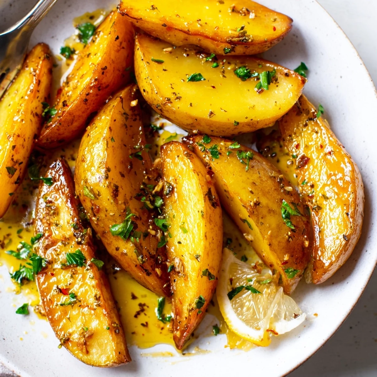 Oven-roasted Authentic Greek Lemon Potatoes Recipe served hot with parsley