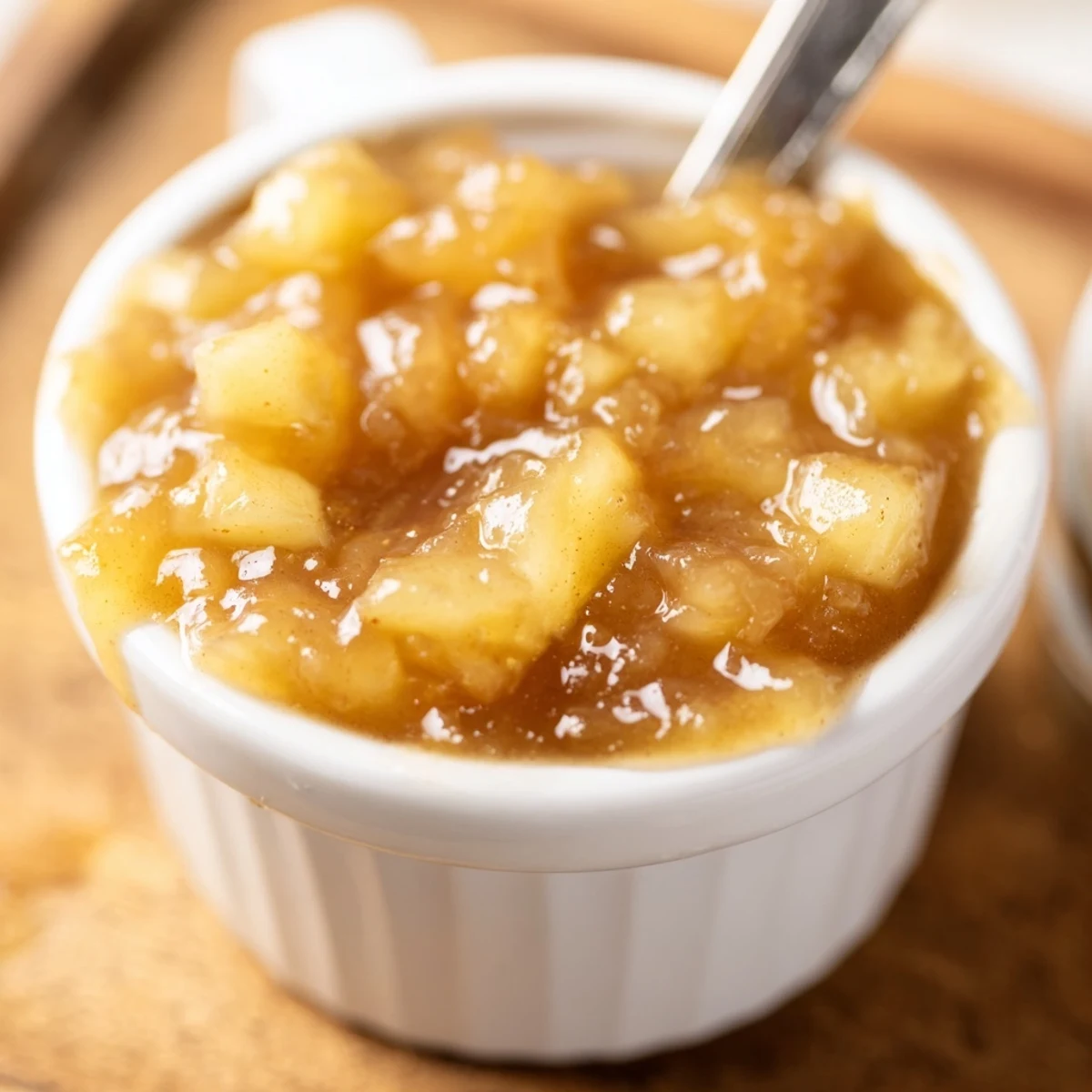 Fall Caramel Apple Jam glistening in jar, golden chunks, cinnamon aroma