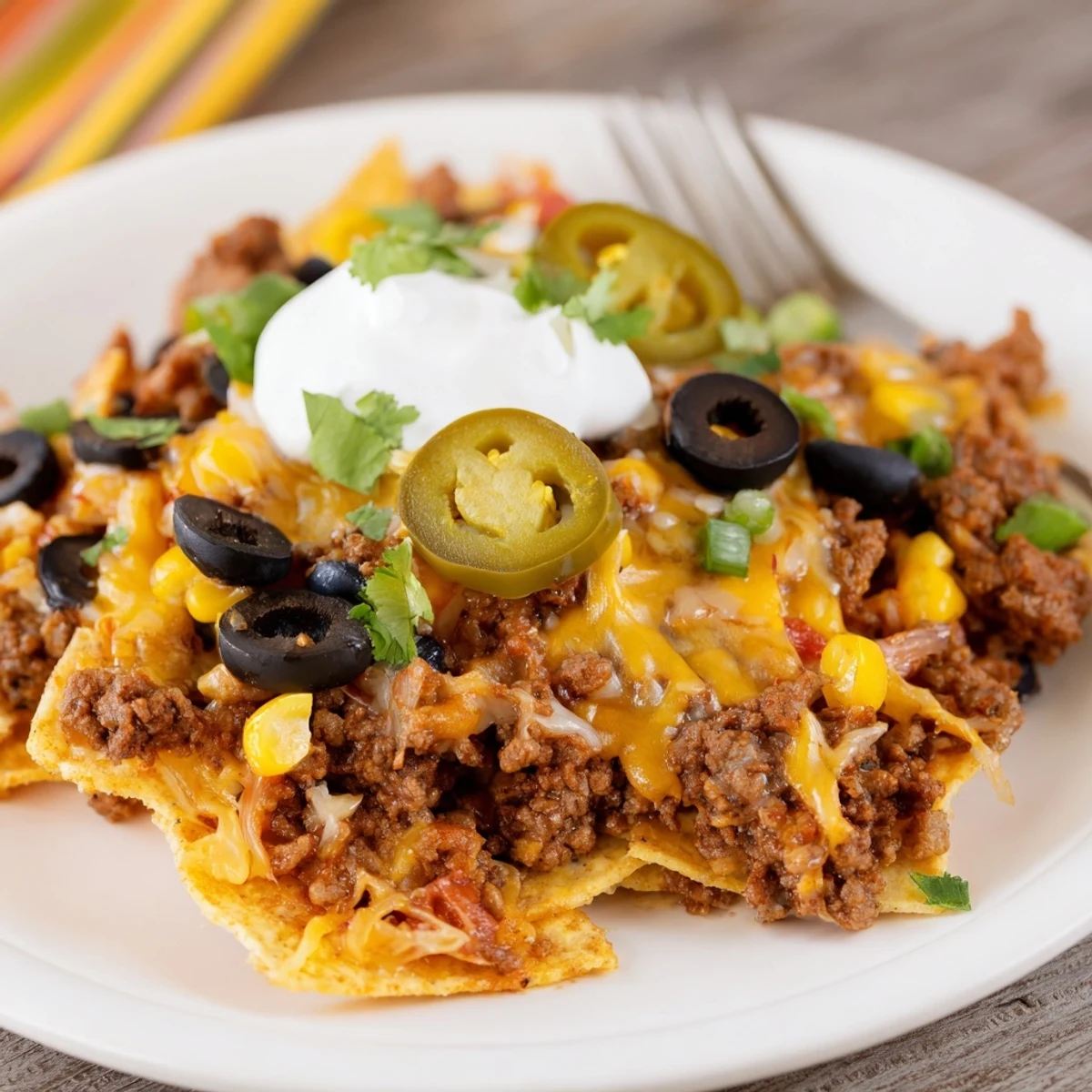 Bubbling Cheesy Nacho Casserole with crunchy chips, jalapeños, and cilantro  