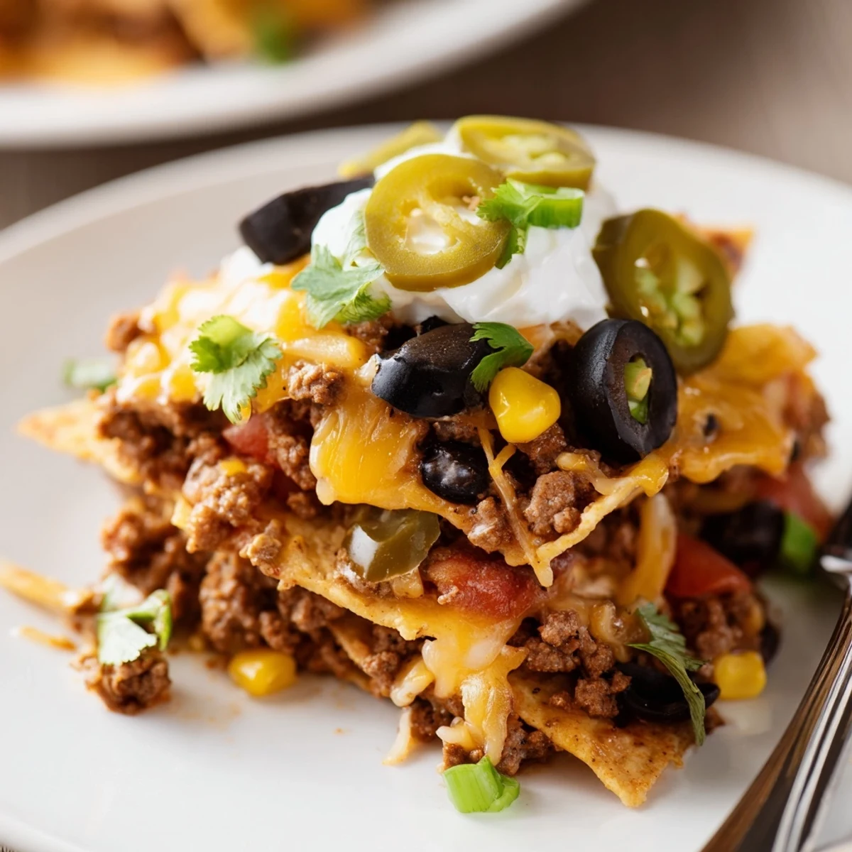 Fresh from oven Cheesy Nacho Casserole steaming with seasoned beef and melted cheddar  