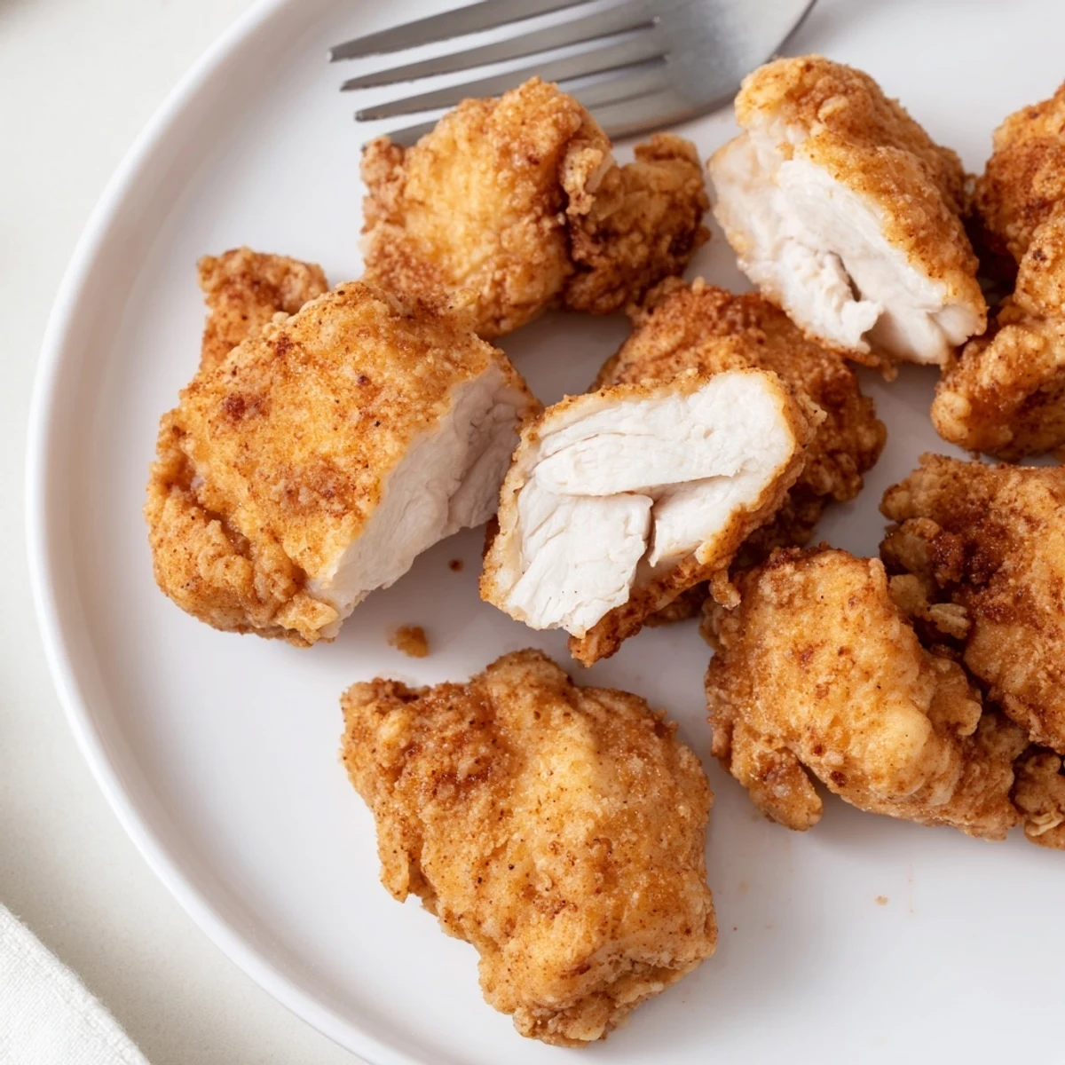Buttermilk-marinated Chicken Bites, crunchy crusted pieces piled with honey mustard