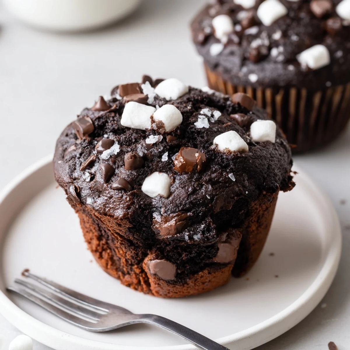 Warm Peppermint Hot Chocolate Muffins with crushed peppermint, gooey marshmallows inside  
