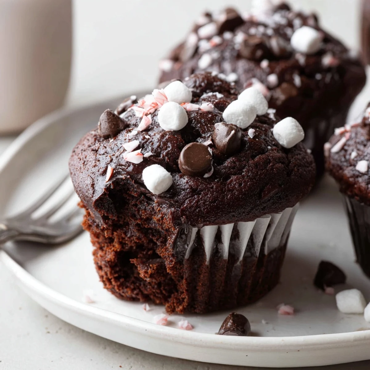 Tray of freshly baked Peppermint Hot Chocolate Muffins, perfect with whipped cream