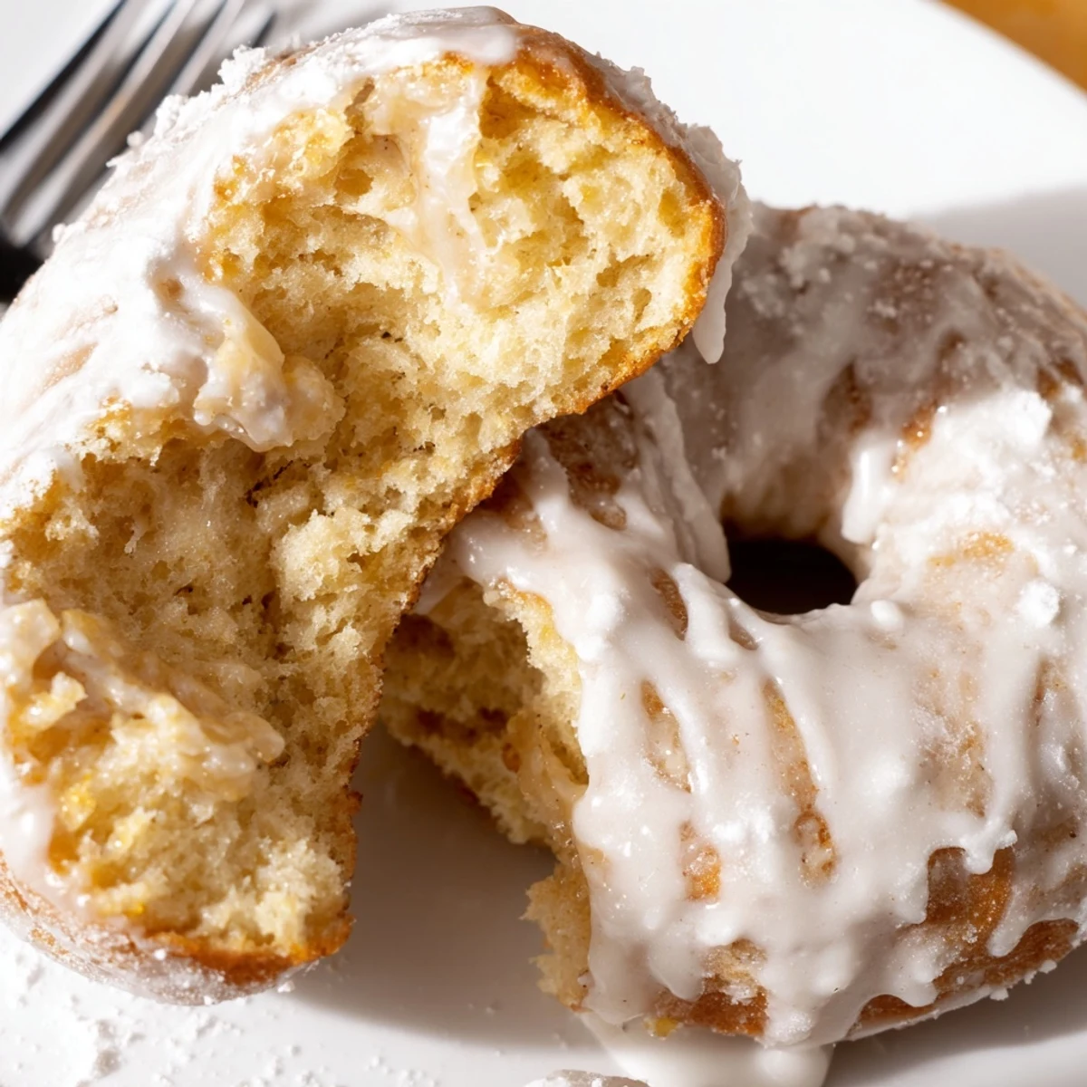 Baked Banana Donuts sliced open showing moist, fluffy, banana-speckled crumb