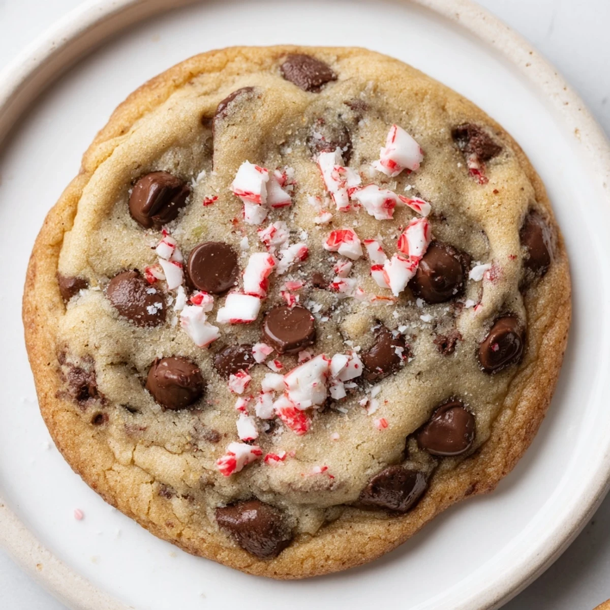 Peppermint Chocolate Chip Cookies cooling on a rack, glossy chips and crushed peppermint