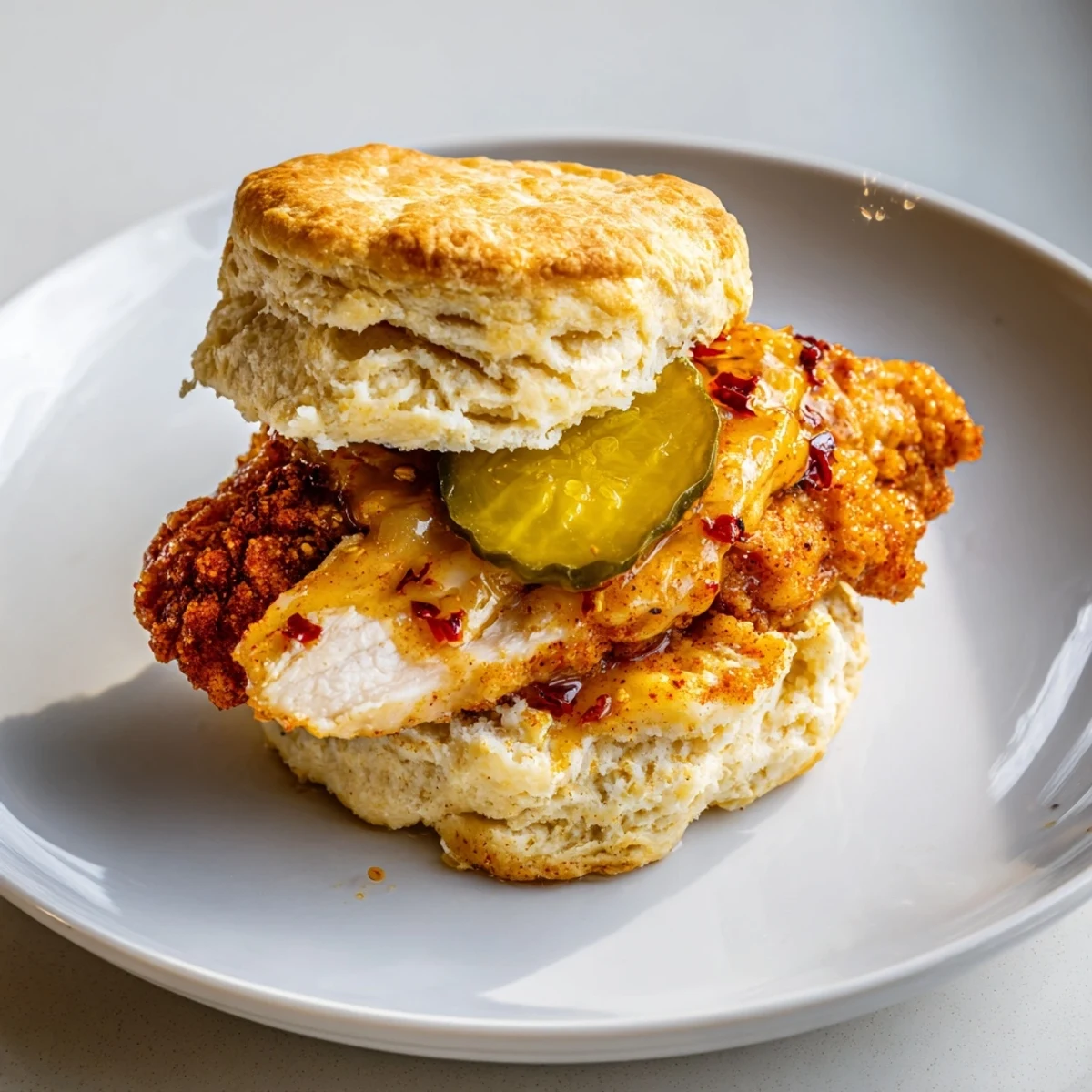 Hot Honey Chicken Biscuits with crispy fried chicken and glossy spicy honey drizzle