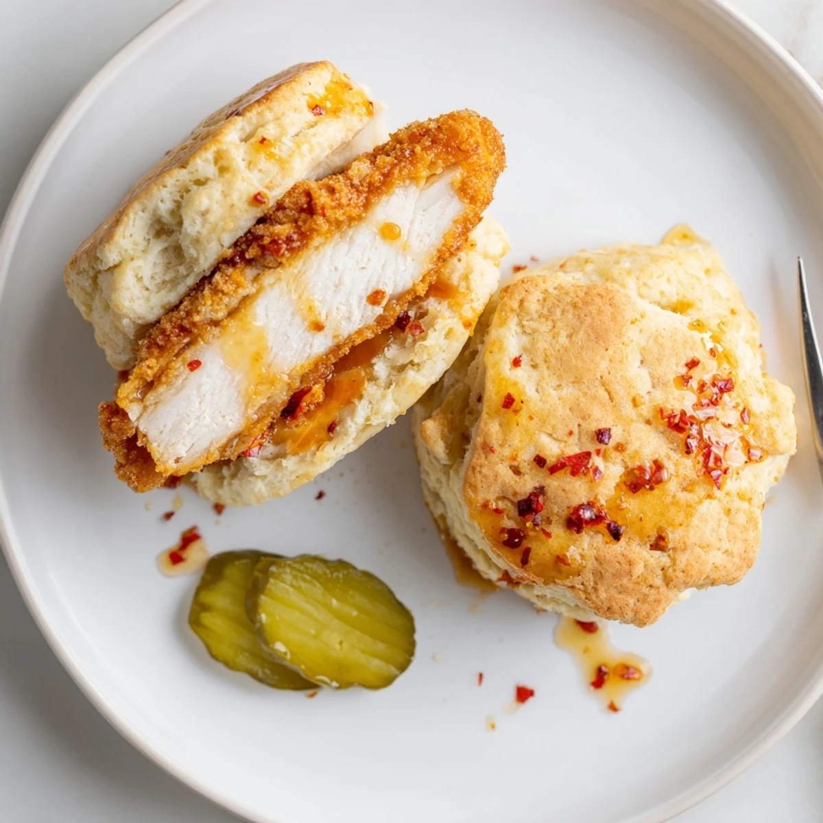 Buttermilk Hot Honey Chicken Biscuits split open showing flaky biscuit and chicken