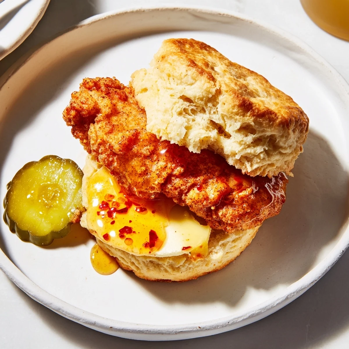 Golden Hot Honey Chicken Biscuits served for brunch with crisp pickle slices