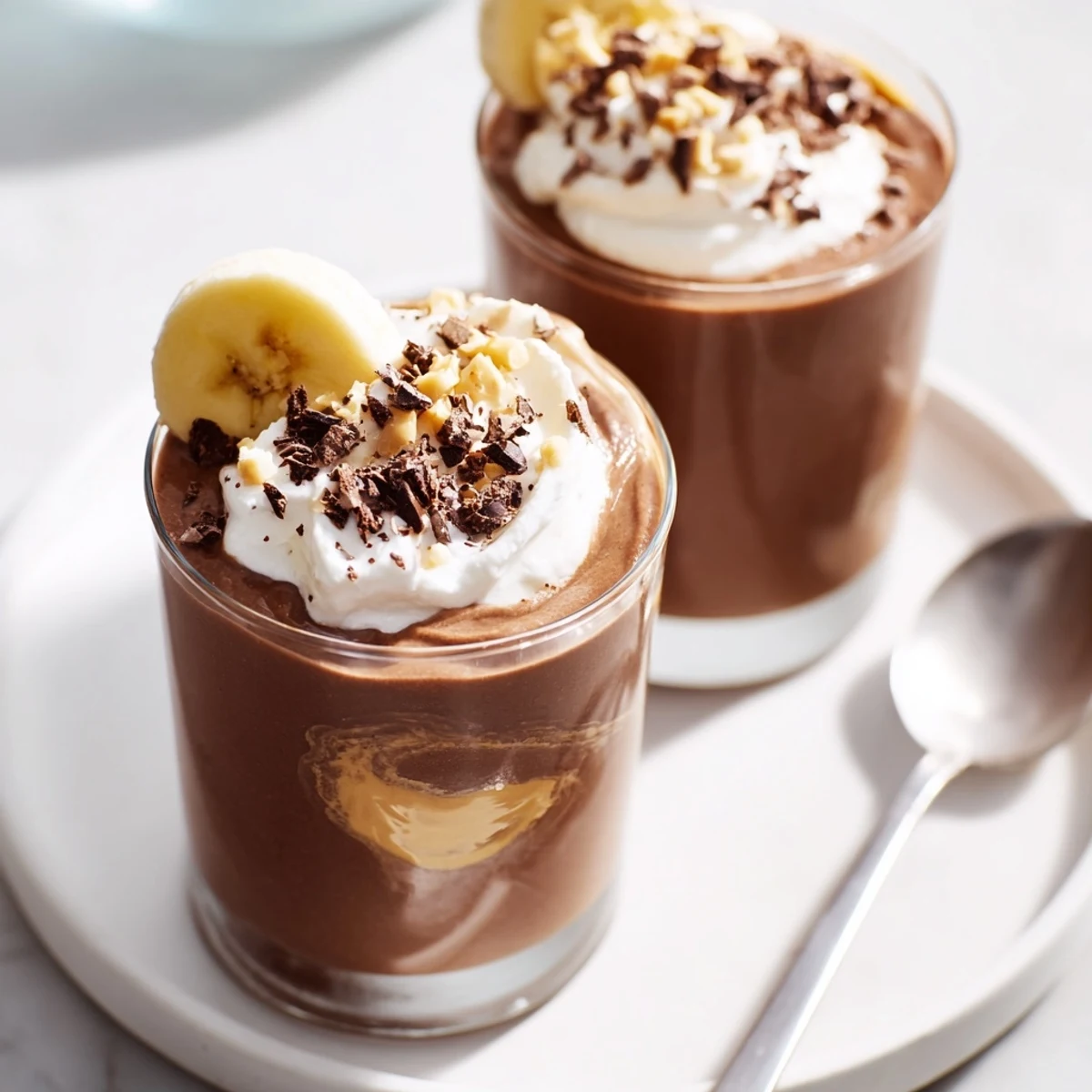 Creamy Chocolate Peanut Butter Smoothie poured into glass, topped with whipped cream