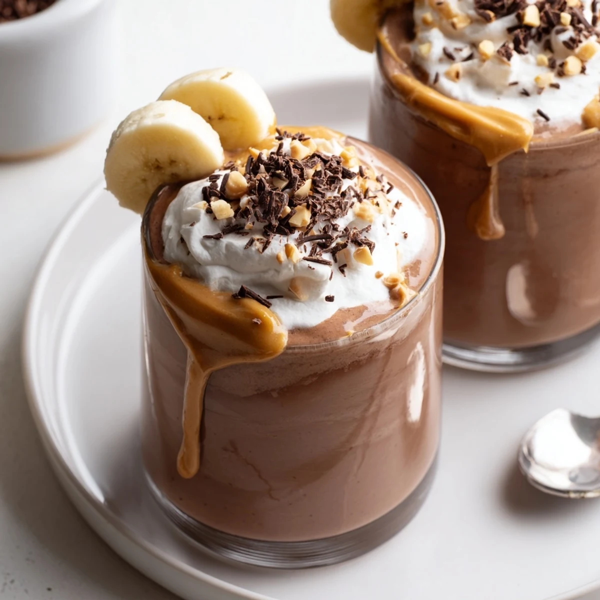 Frosty Chocolate Peanut Butter Smoothie in tall glass with chocolate shavings, straw