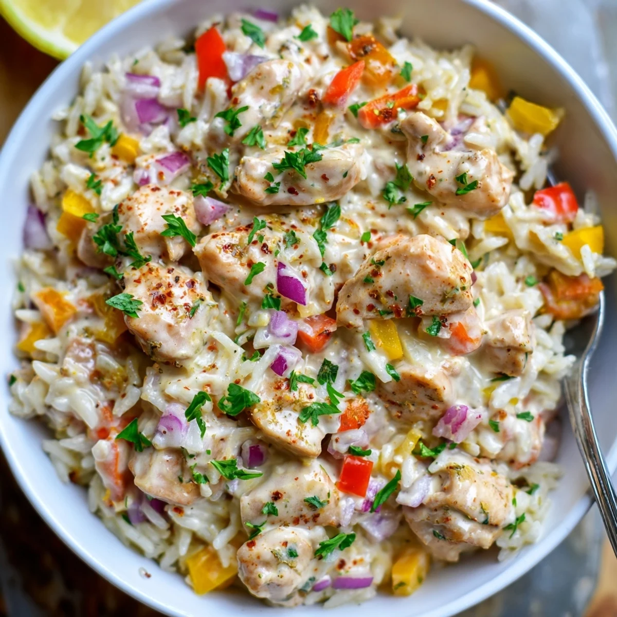 Creamy Cajun Chicken Rice Bowls with tender pieces, fluffy rice, and parsley