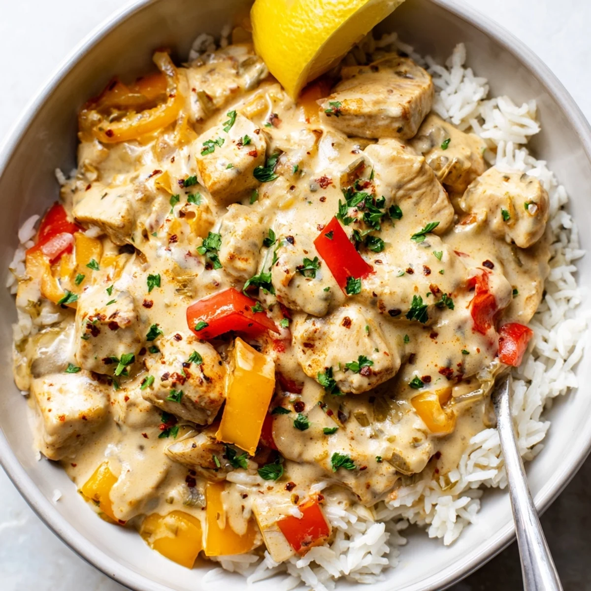 Steam rising from Creamy Cajun Chicken Rice Bowls garnished with lemon wedges