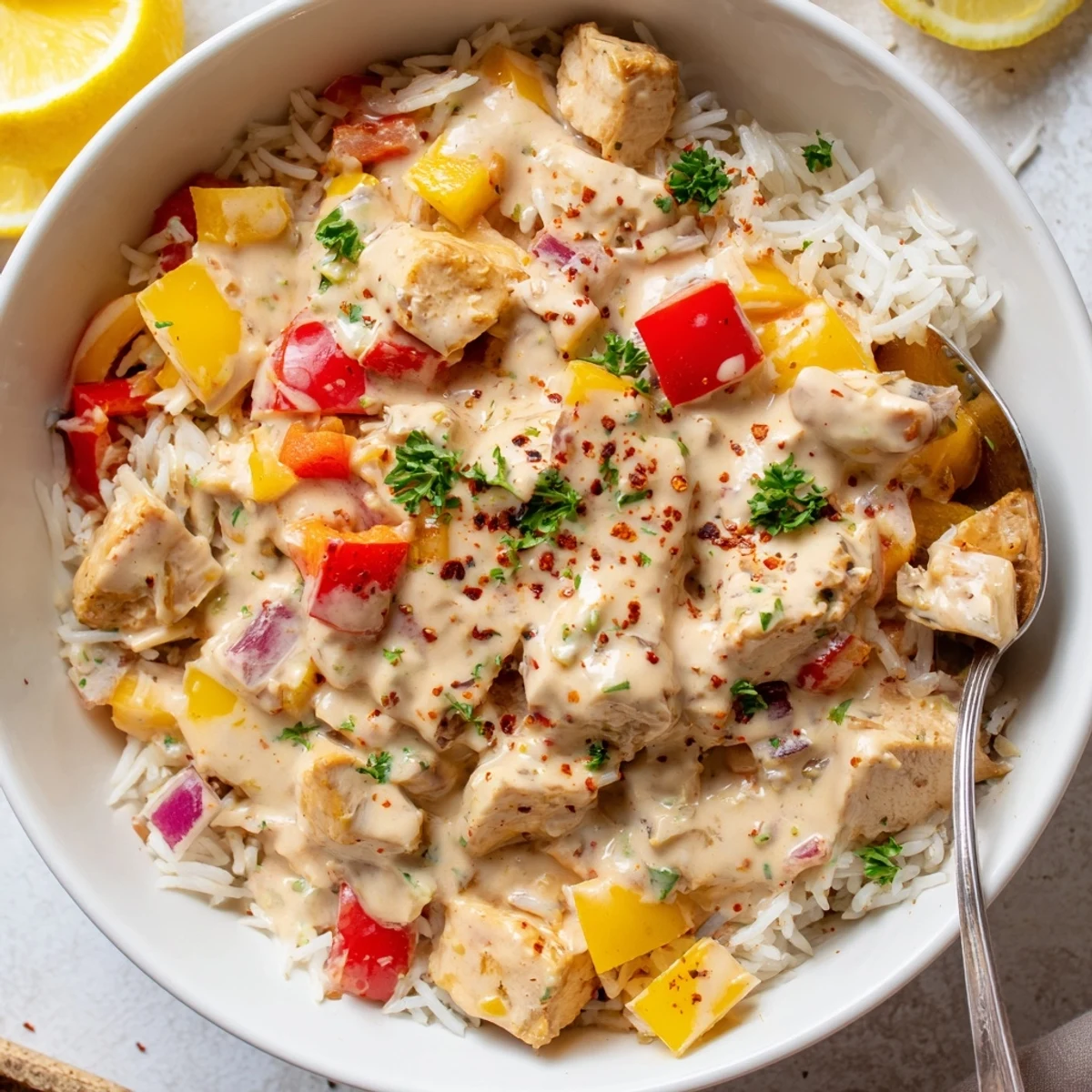 Perfect weeknight Creamy Cajun Chicken Rice Bowls topped with vibrant peppers and parsley