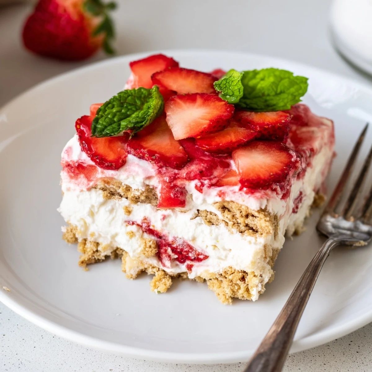 No Bake Strawberry Shortcake Dessert with creamy layers, juicy strawberries, chilled