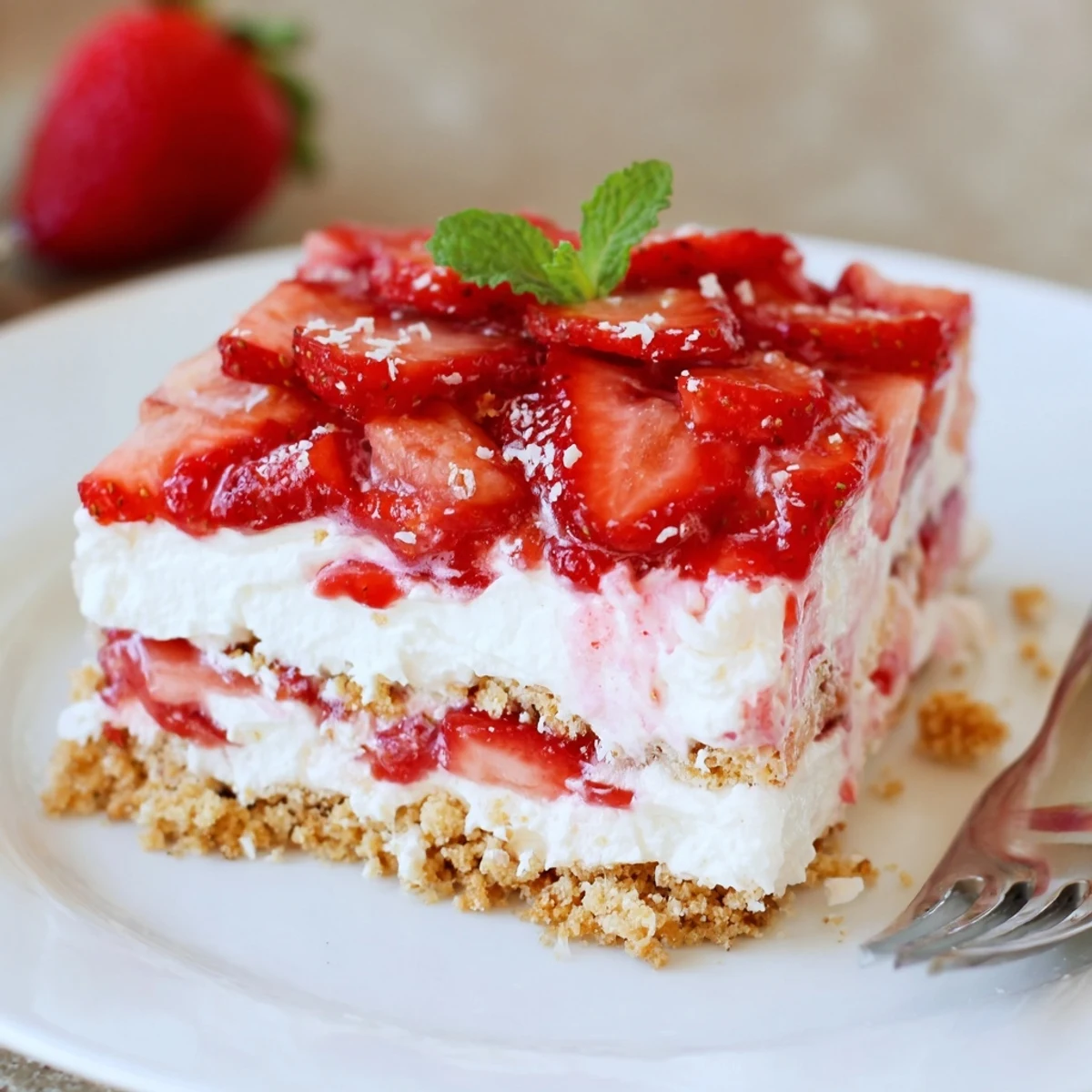 Easy No Bake Strawberry Shortcake Dessert set overnight, served cold with syrup