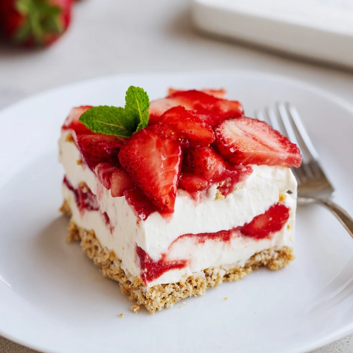 Chilled No Bake Strawberry Shortcake Dessert layered over graham crumbs and mint