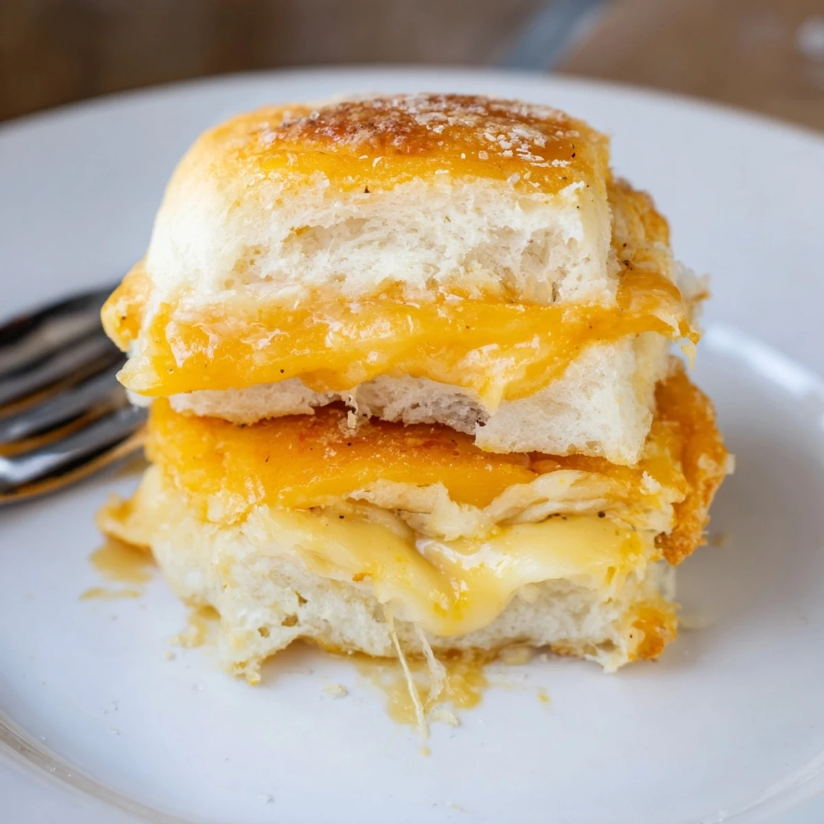 Warm Mini Grilled Cheese Hawaiian Rolls cut into bite sized party sandwiches