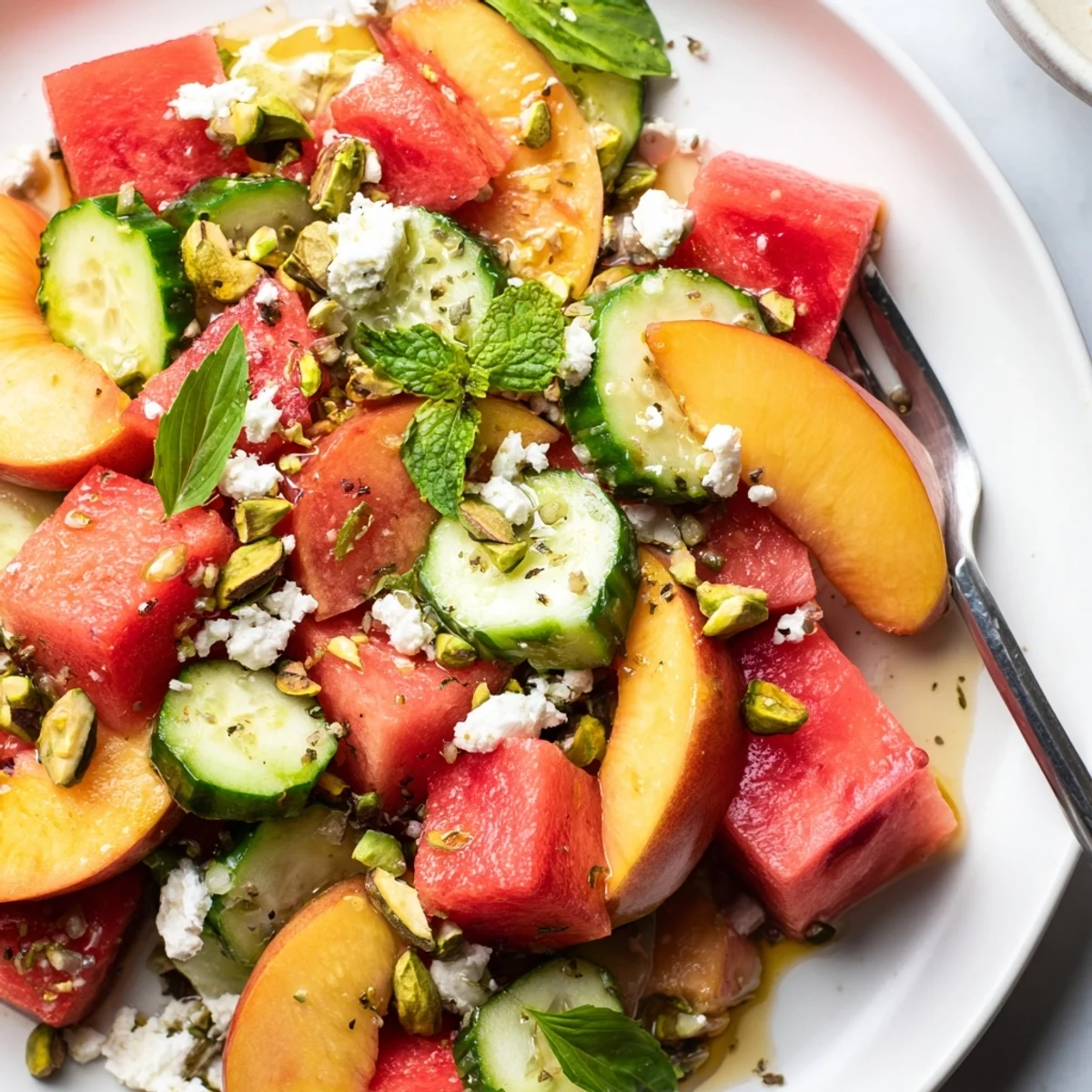 Summer Peach Watermelon Salad with juicy peaches, crisp cucumber, honey-lime drizzle