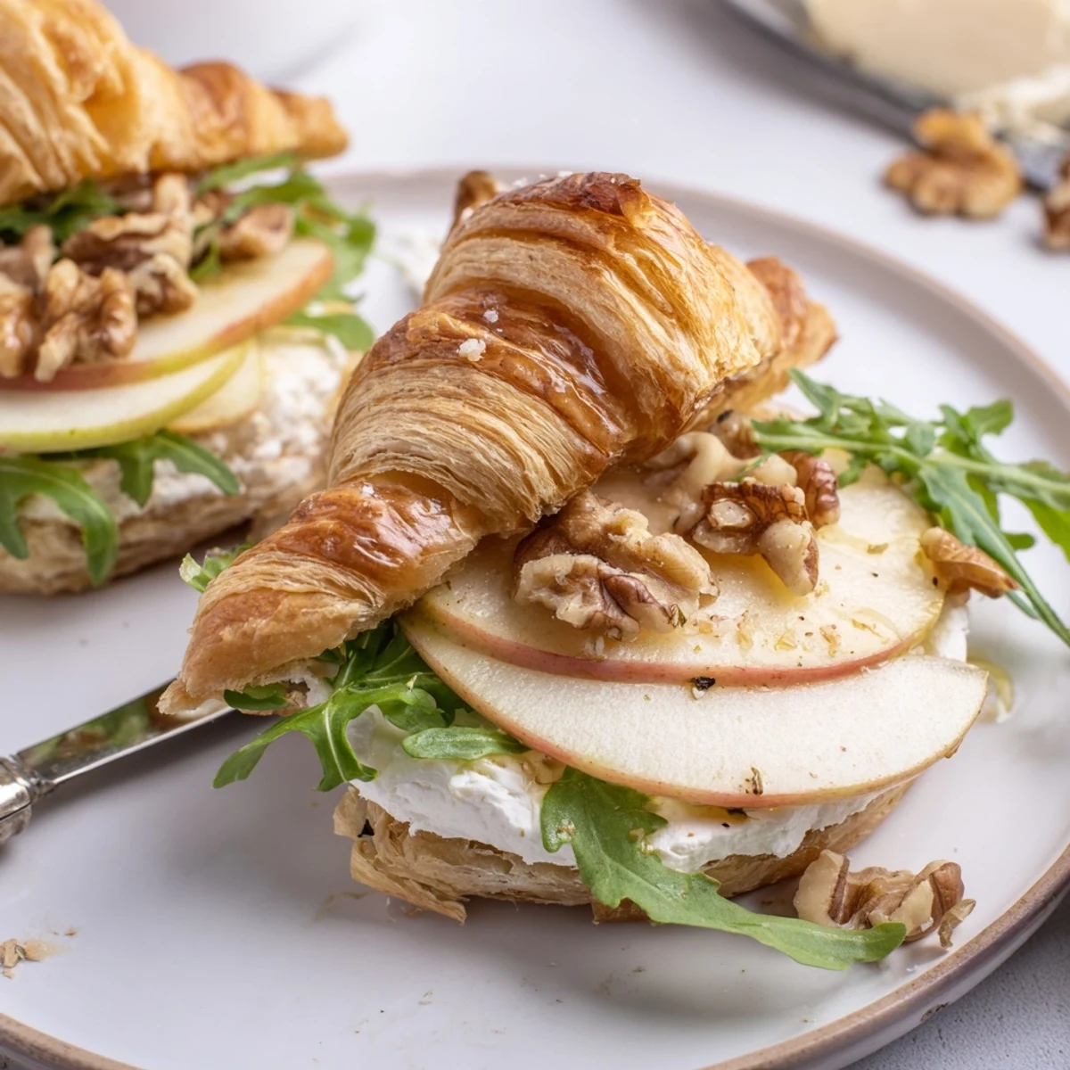 Savory Apple Goat Cheese Croissant Sandwich Recipe drizzled with honey, crunchy walnuts