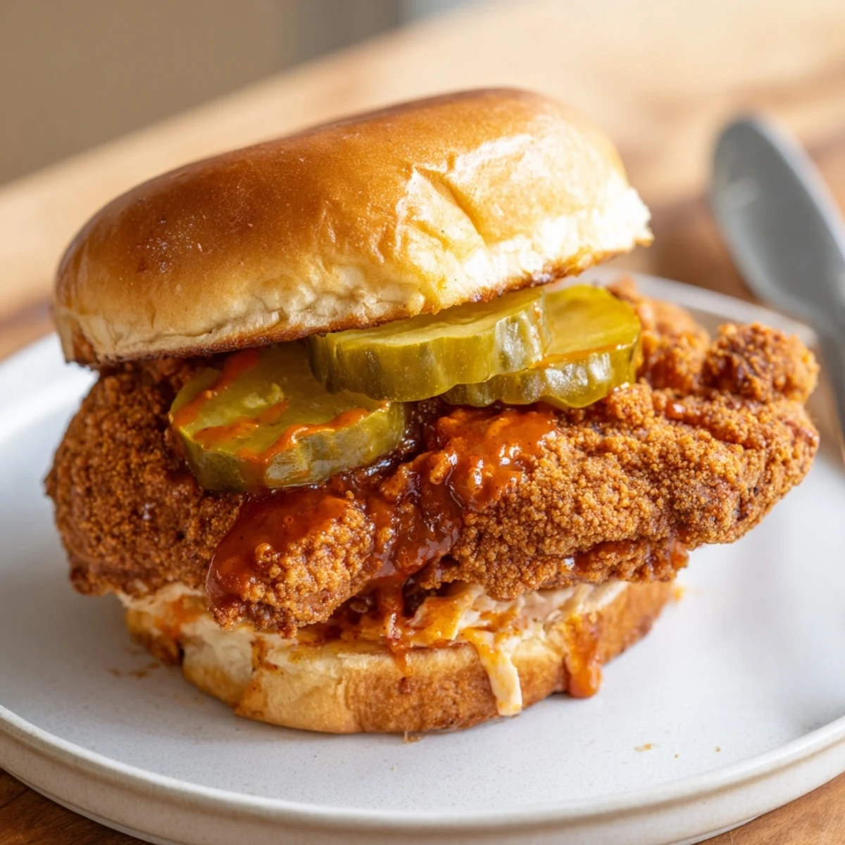 Buttery brioche holding Spicy Nashville Hot Chicken Sandwiches Recipe with tangy pickles, creamy slaw