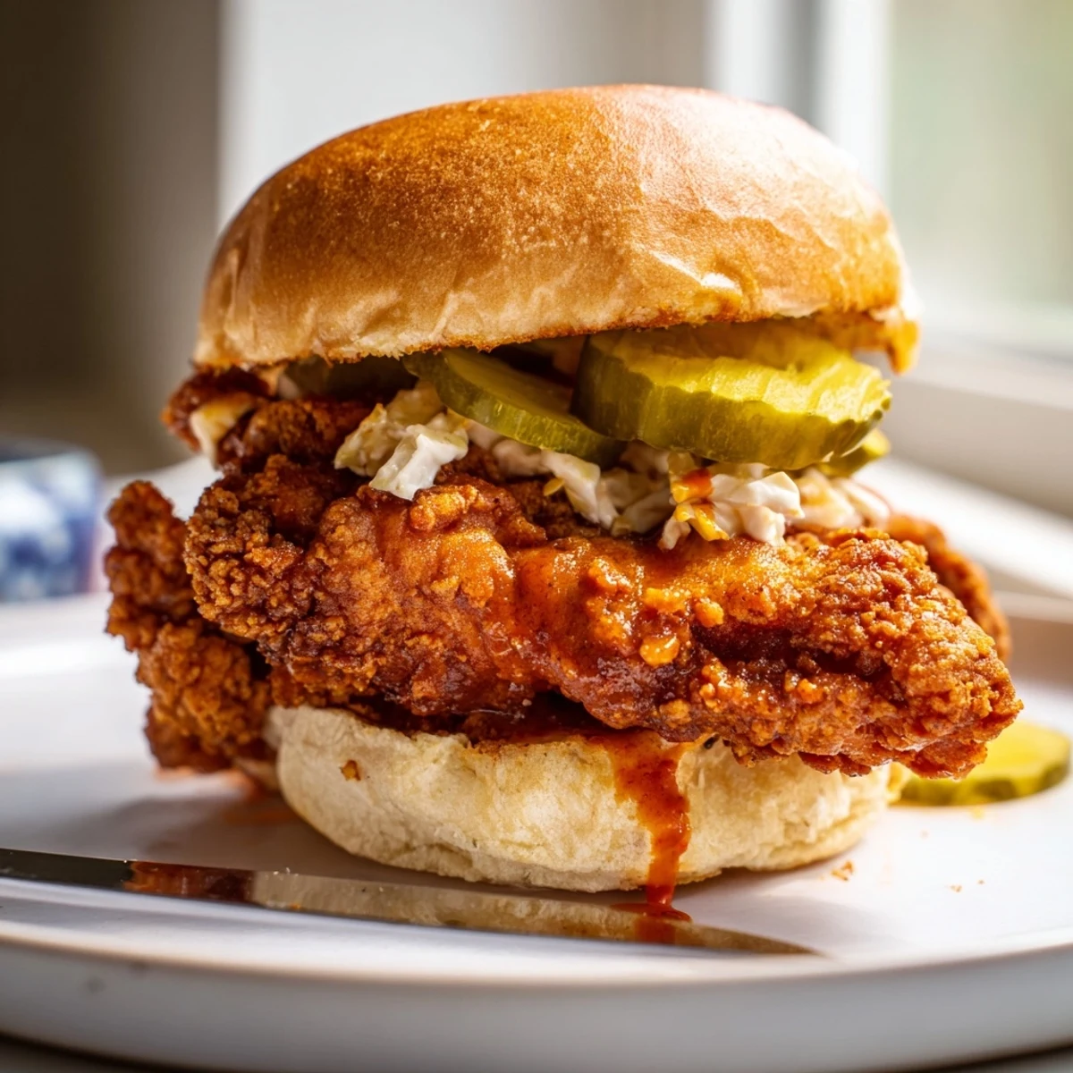 Spicy Nashville Hot Chicken Sandwiches Recipe: golden fried thighs brushed with fiery glaze