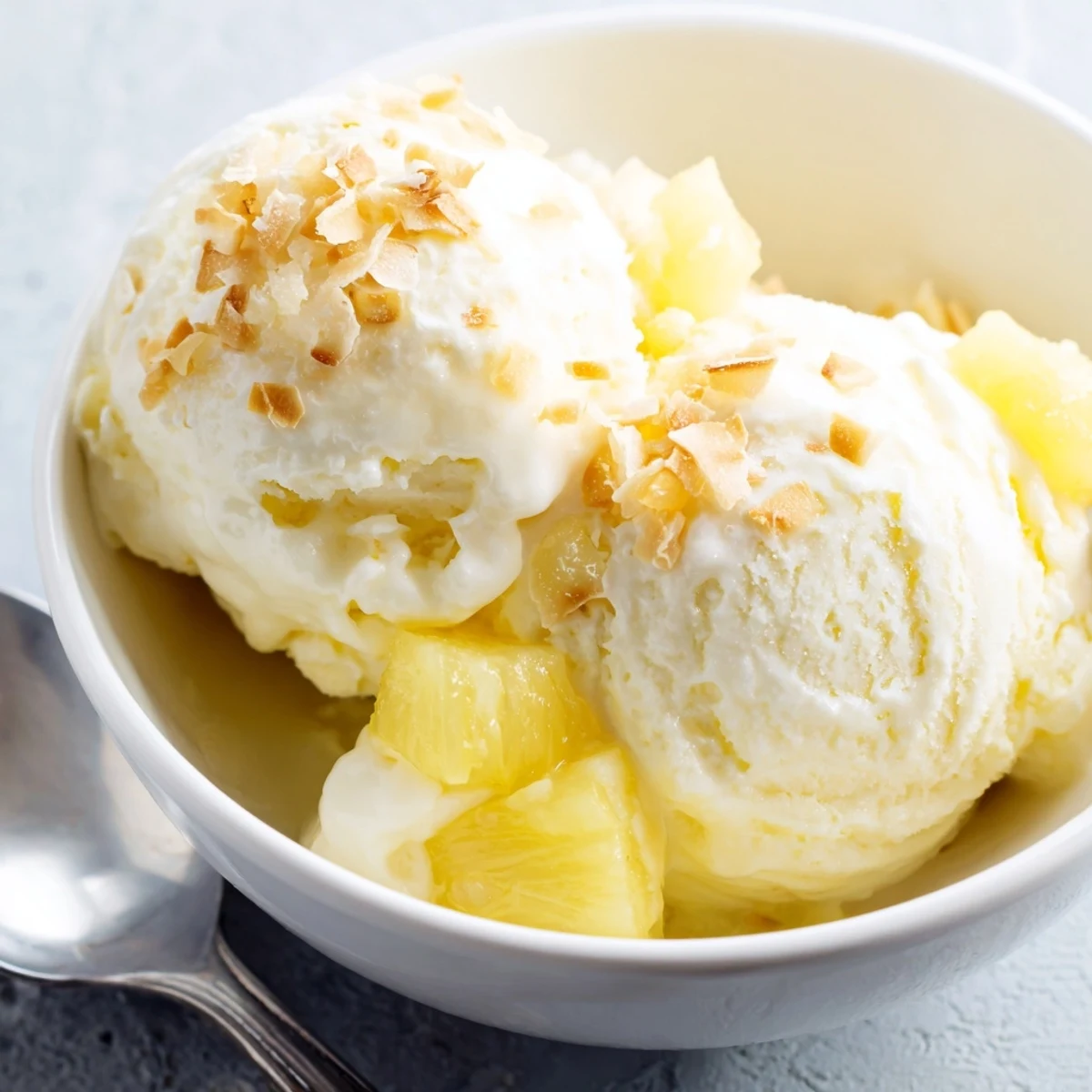 Scoops of Creamy Pineapple Ice Cream served in bowls with lime zest