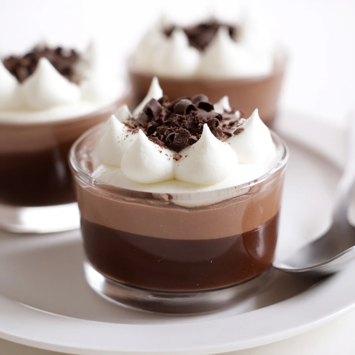 Triple Chocolate Mousse Cups layered in glass, silky dark to white, chilled.