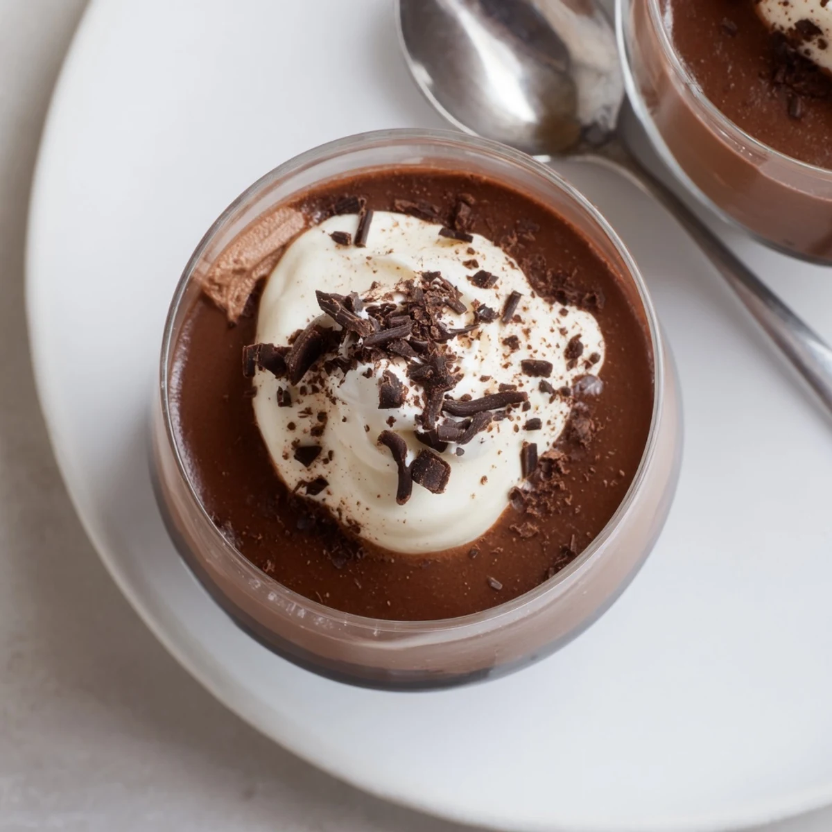 Creamy Triple Chocolate Mousse Cups topped with shaved chocolate, ready to serve.