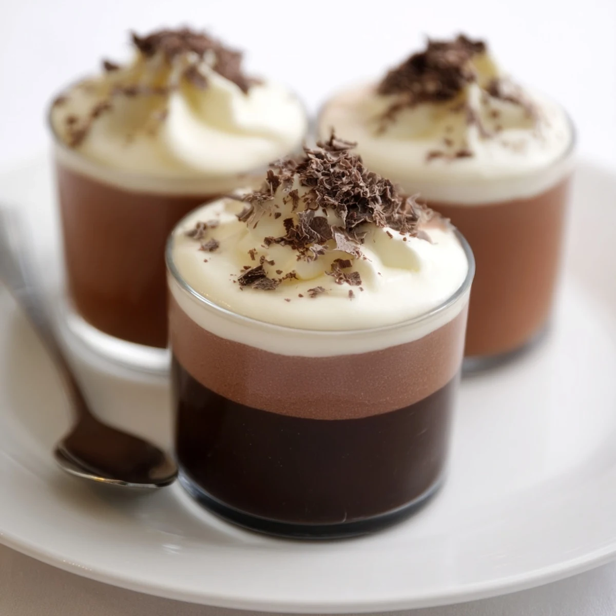 A spoon rests beside Triple Chocolate Mousse Cups, velvety layers visible.