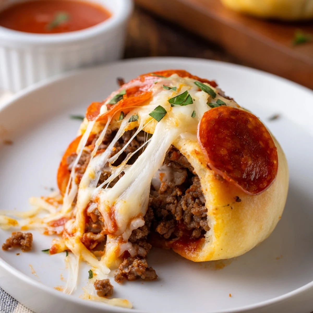 Warm Cheesy Beef Pepperoni Pizza Roll Ups Snack Recipe on parchment with dipping sauce