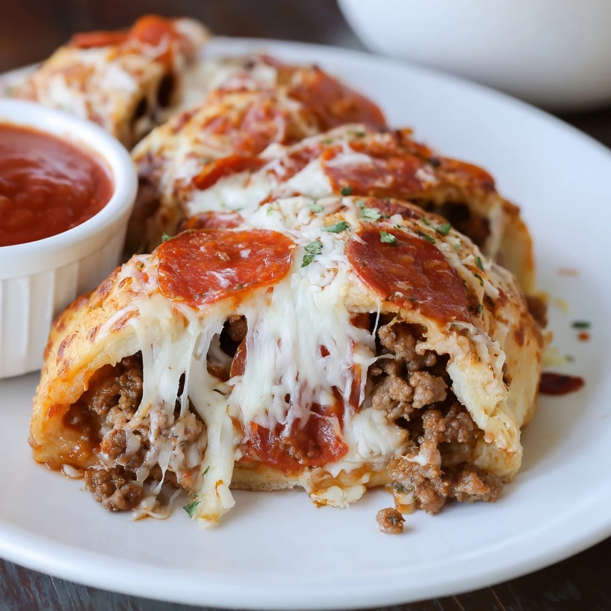 Cheesy Beef Pepperoni Pizza Roll Ups Snack Recipe with golden bubbling cheese, crispy edges