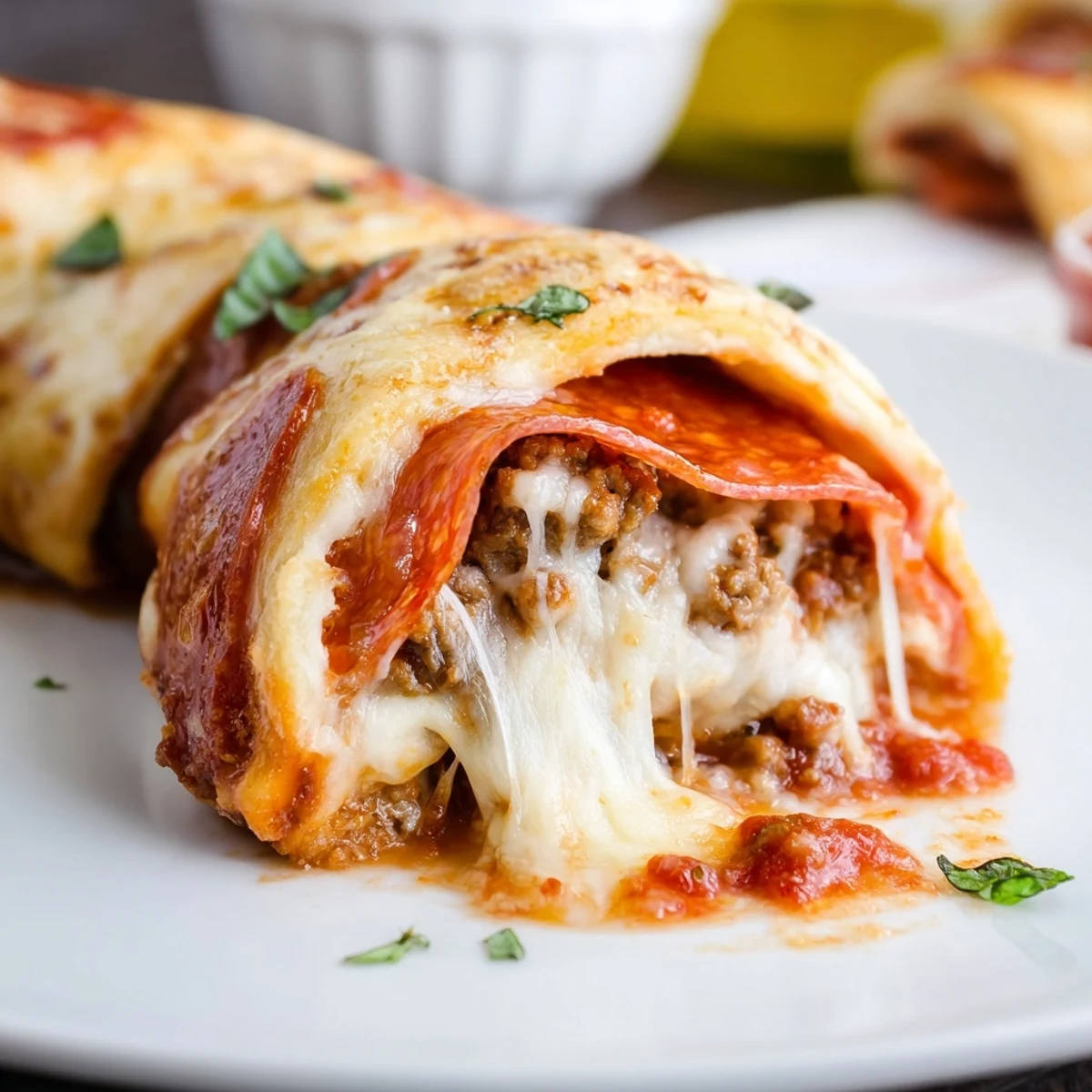 Sliced Cheesy Beef Pepperoni Pizza Roll Ups Snack Recipe revealing gooey cheese, seasoned beef