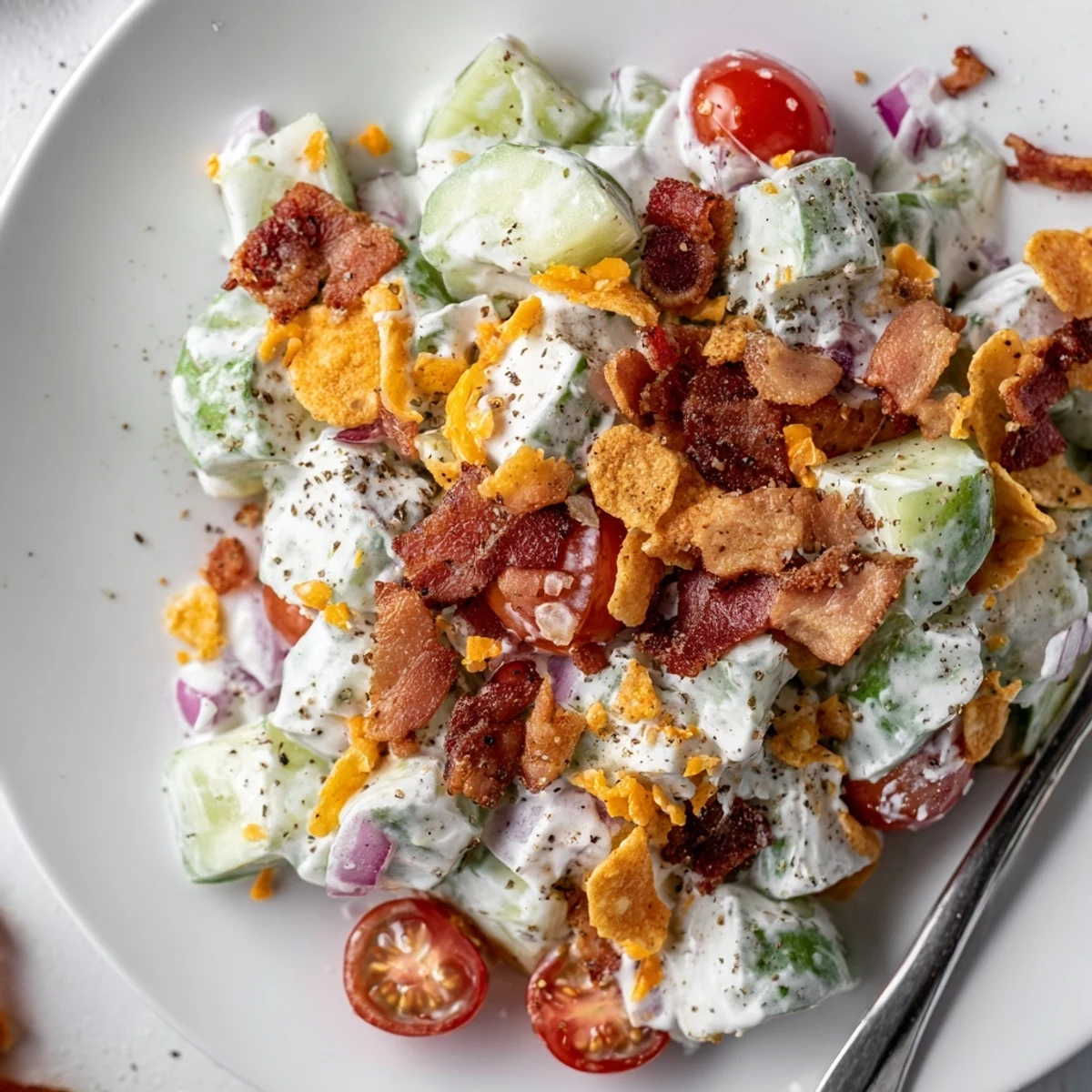 Cucumber Ranch Crack Salad piled in bowl, creamy ranch, crispy bacon topping