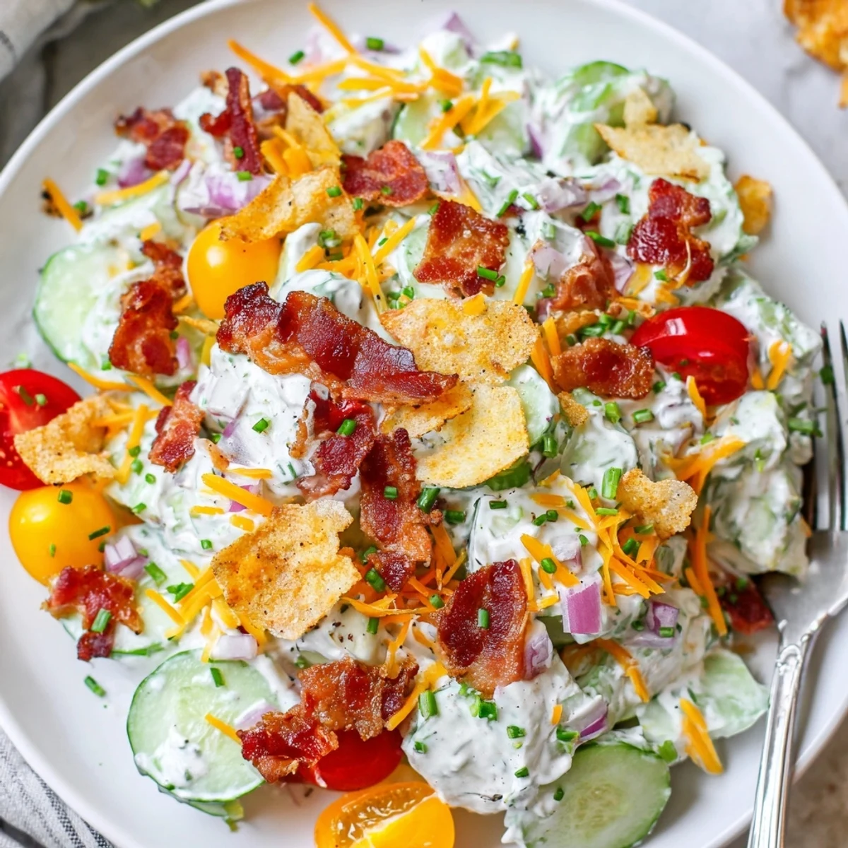 Bright Cucumber Ranch Crack Salad with crunchy chips, sharp cheddar, chives