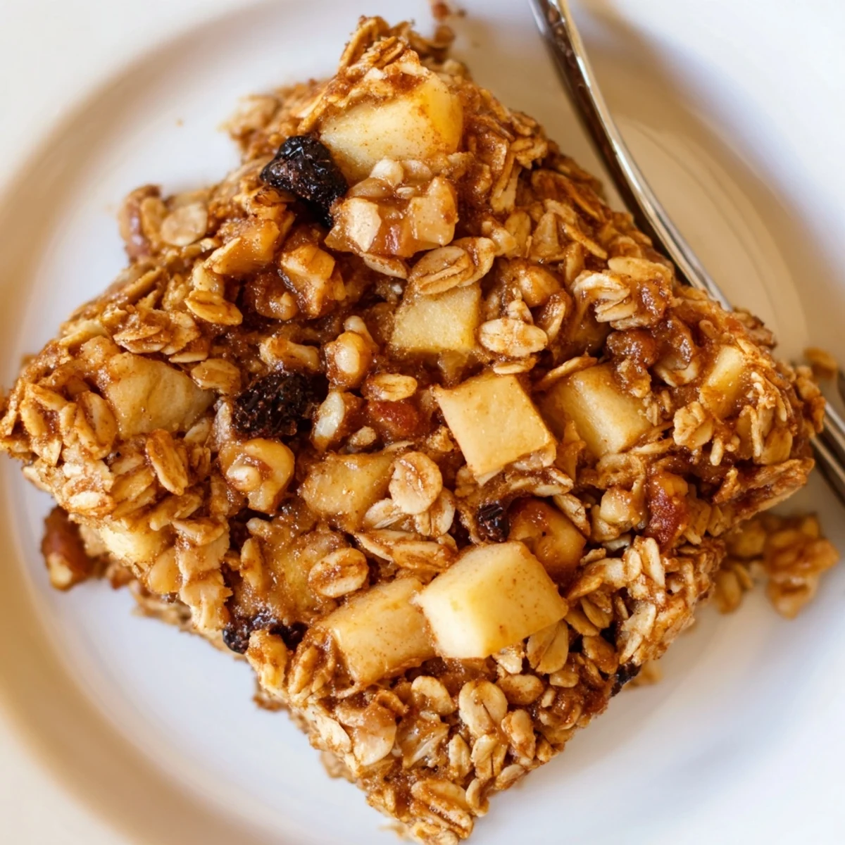 Bubbly, apple-studded Delicious Apple Cinnamon Oatmeal Bake Recipe For Mornings drizzled with maple
