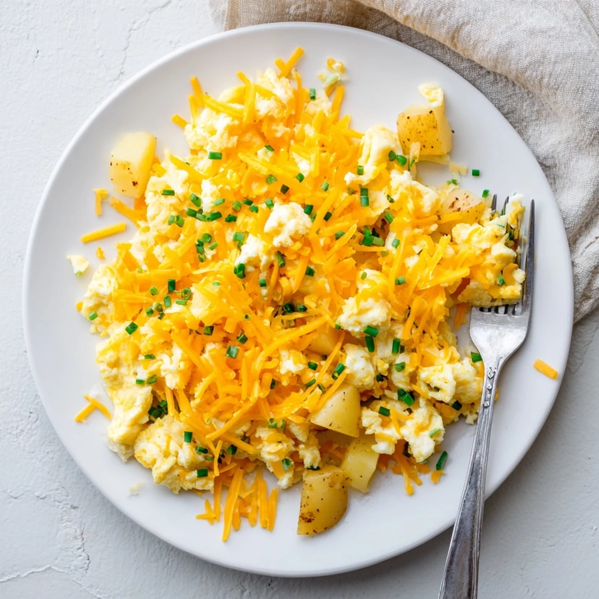 Hearty breakfast skillet of fluffy scrambled eggs with tender golden potatoes and gooey melted cheese