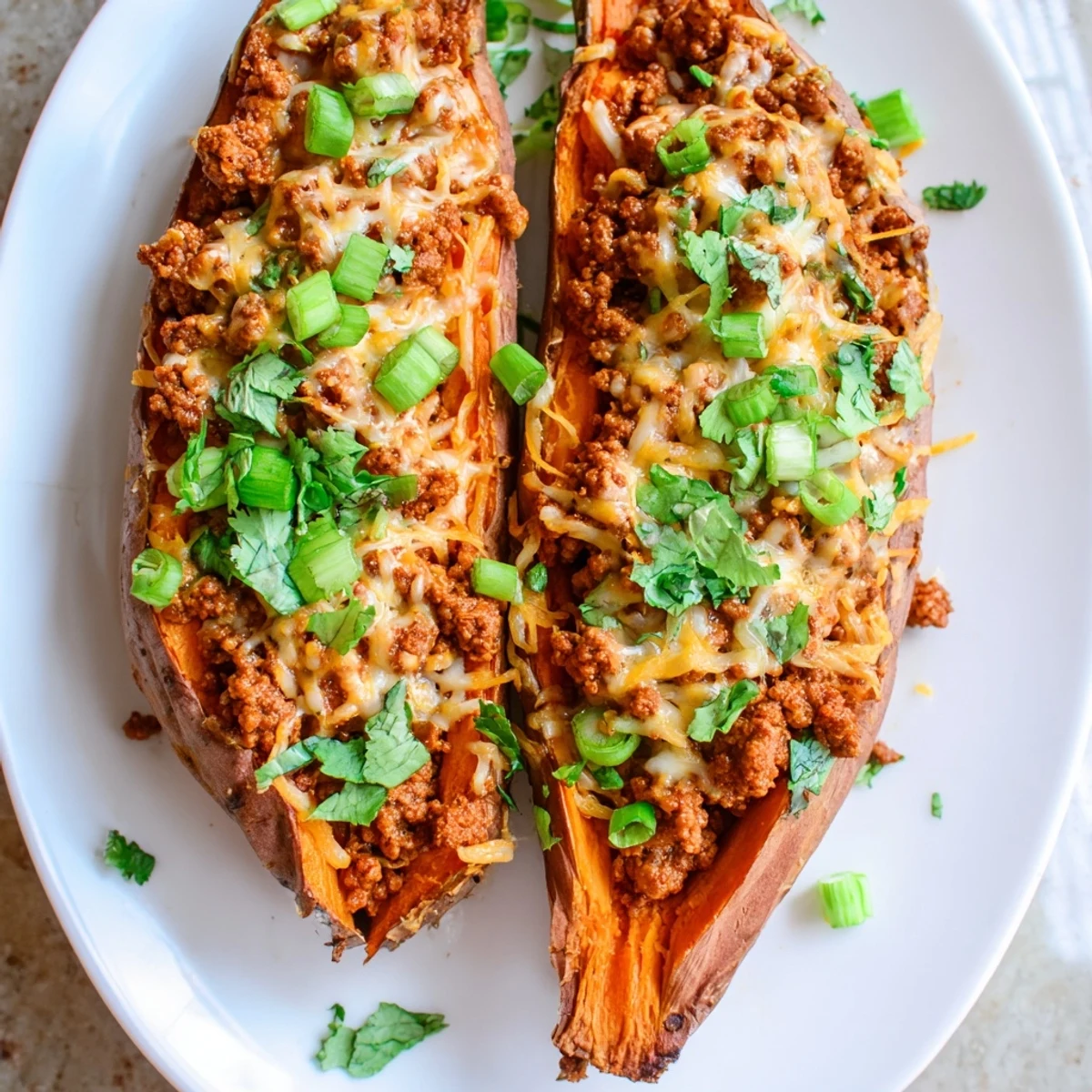 Roasted sweet potato halves overflowing with hot honey glazed ground beef and colorful vegetables