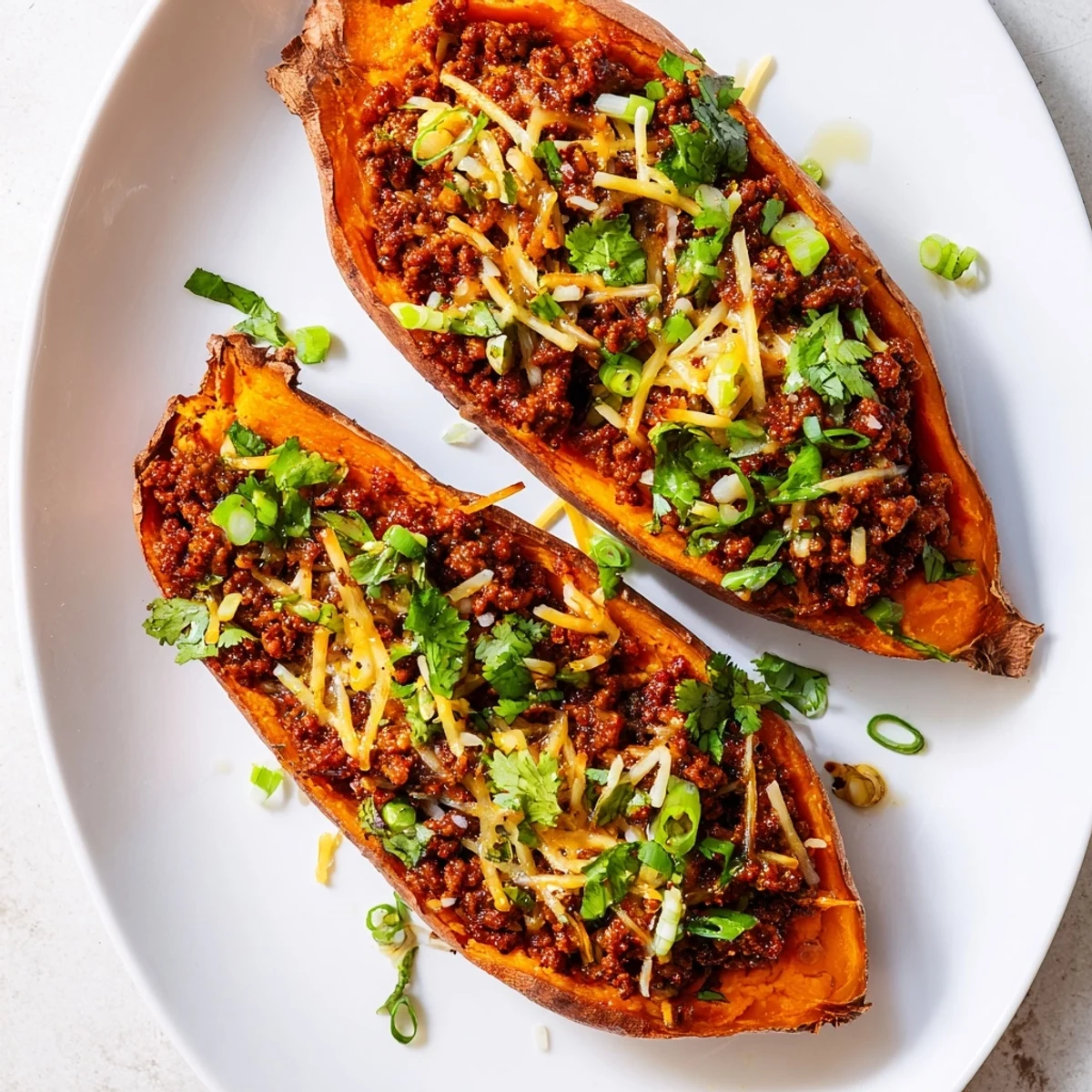 Healthy weeknight dinner featuring stuffed sweet potatoes filled with seasoned ground beef and melted cheese