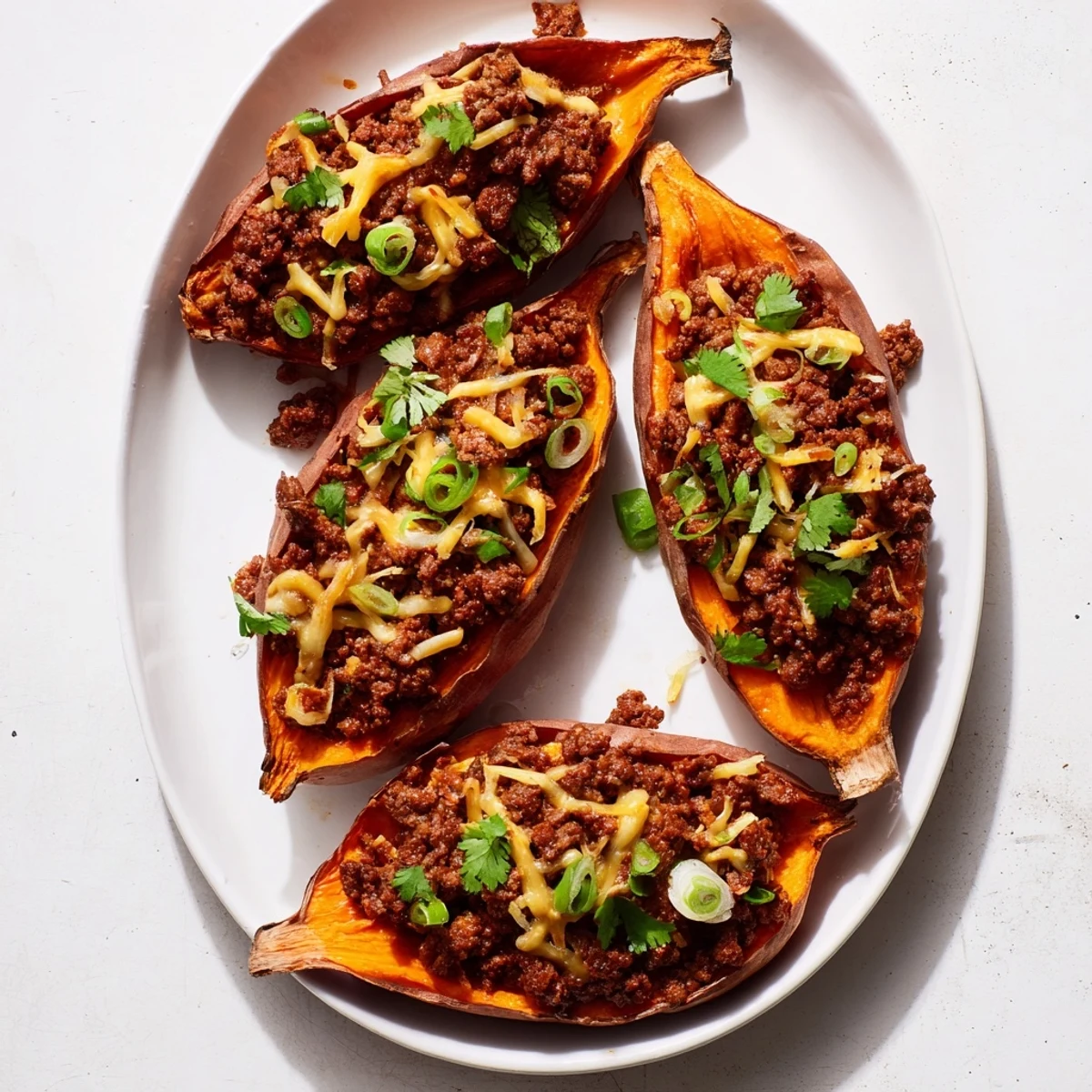 Golden sweet potato boats topped with spicy sweet beef mixture, garnished with fresh cilantro