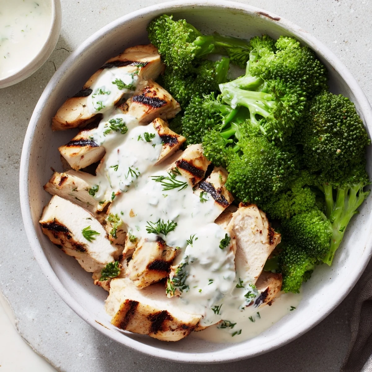 Nutritious bowl featuring spiced grilled chicken breast and fresh broccoli topped with rich Greek yogurt garlic sauce