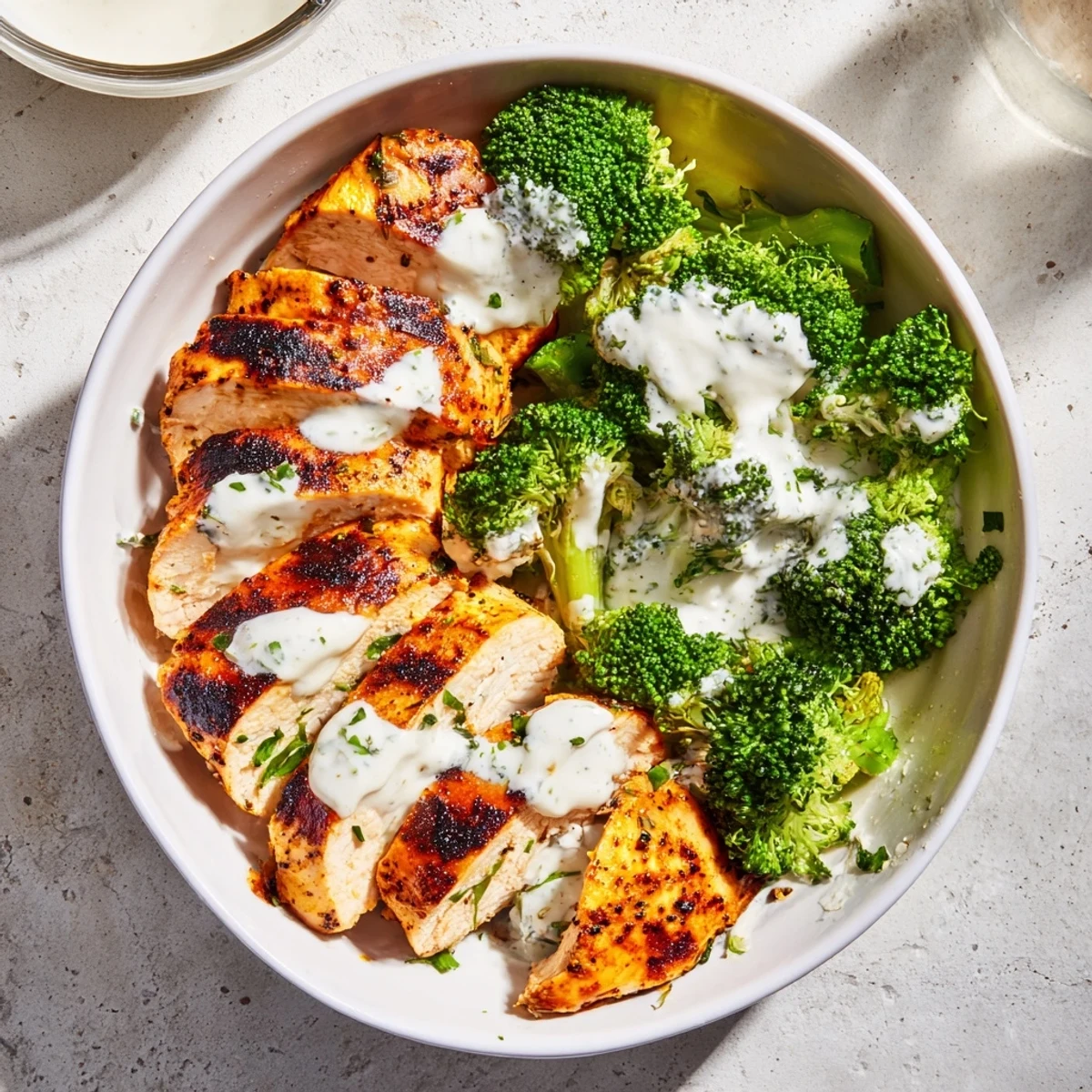 Protein-packed grilled chicken and broccoli bowl served with luscious garlic cream sauce and optional wholesome grain base