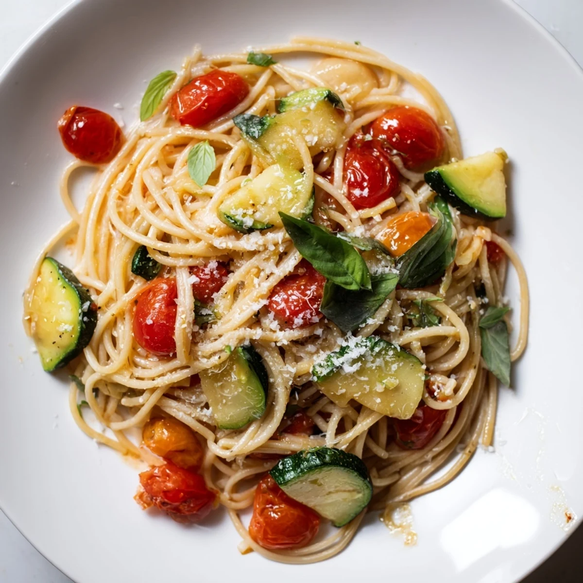 Golden tomato zucchini pasta tossed in olive oil with fresh basil and Parmesan cheese