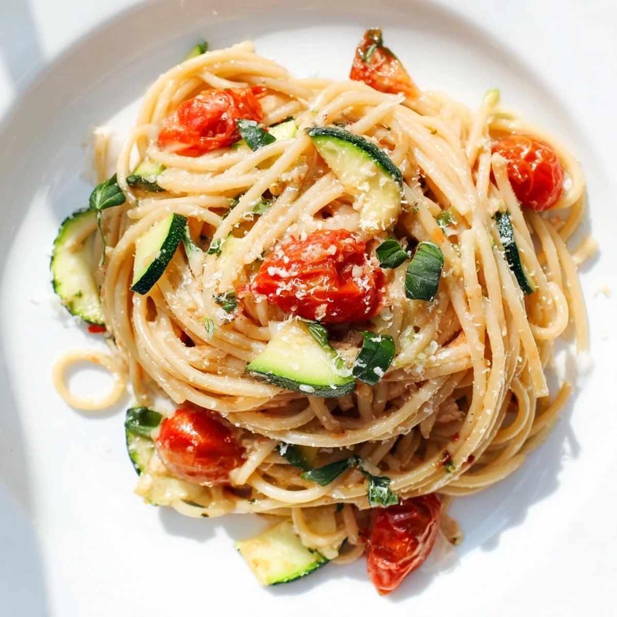 Light Italian tomato zucchini pasta dish featuring tender vegetables and al dente spaghetti noodles