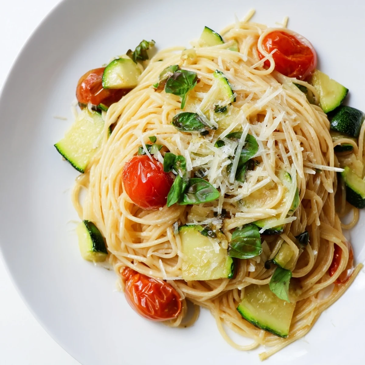 Quick healthy tomato zucchini pasta bowl topped with grated Parmesan and green basil leaves