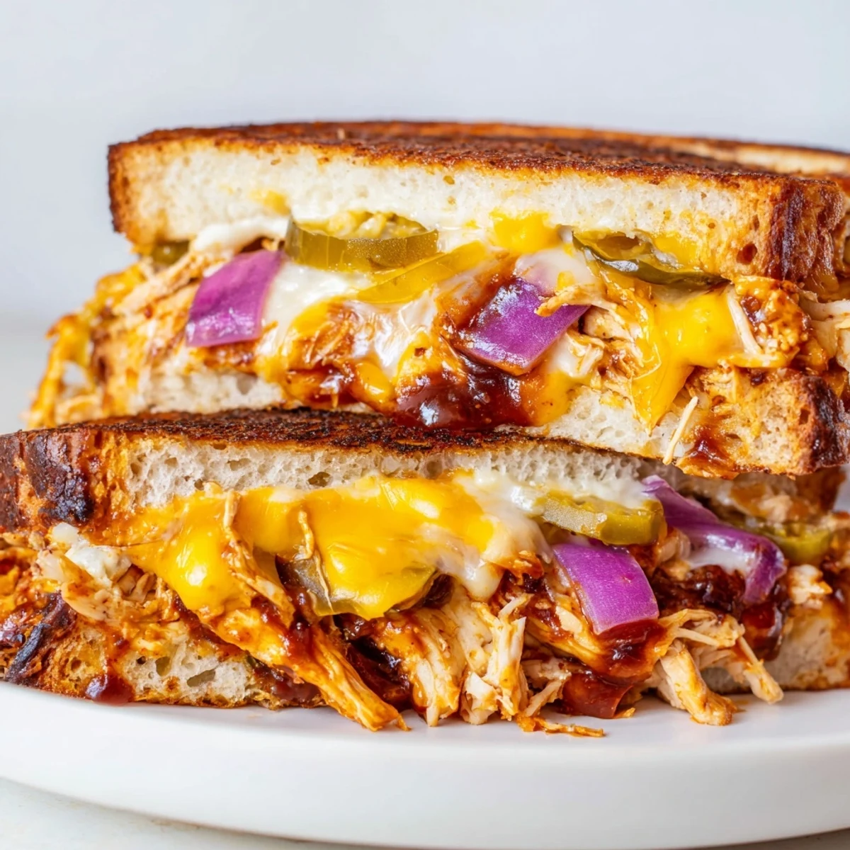 Golden BBQ chicken grilled cheese sandwich with melted cheddar and mozzarella on sourdough bread
