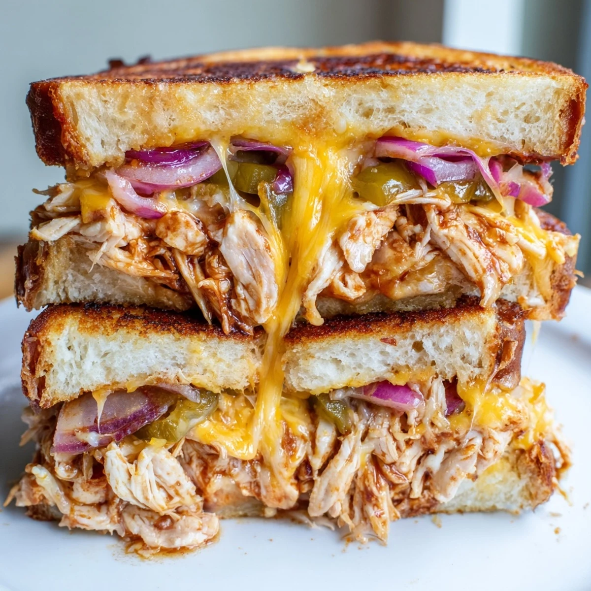 Sliced BBQ chicken grilled cheese sandwich oozing melted cheese between crispy buttered sourdough bread halves
