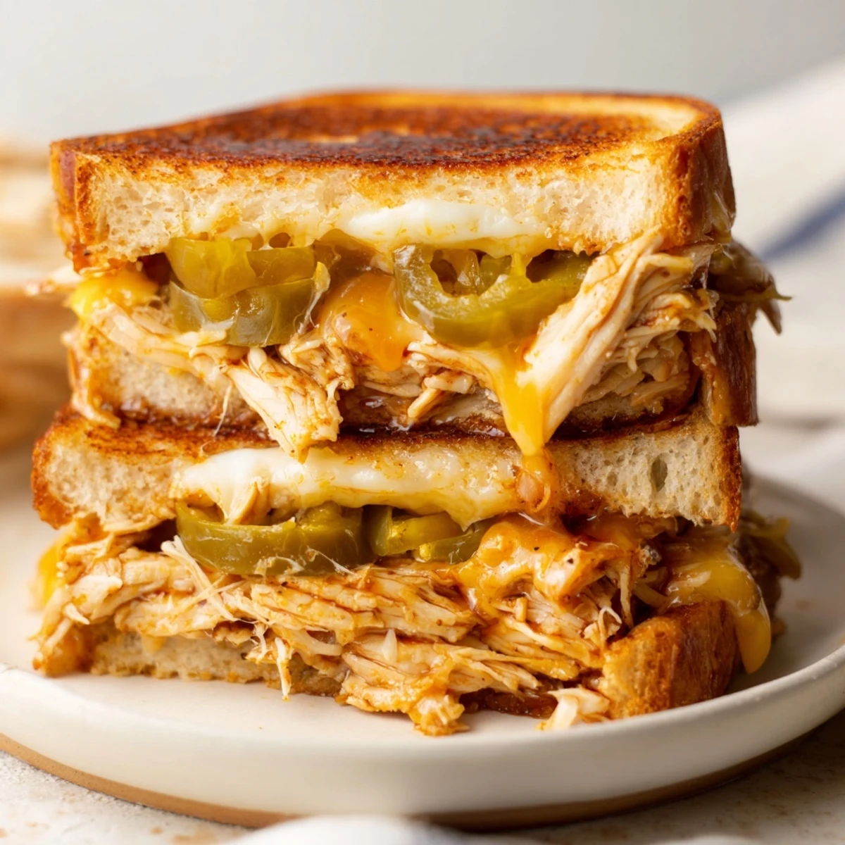 Homemade BBQ chicken grilled cheese featuring smoky pulled chicken and gooey cheese layers on toasted sourdough